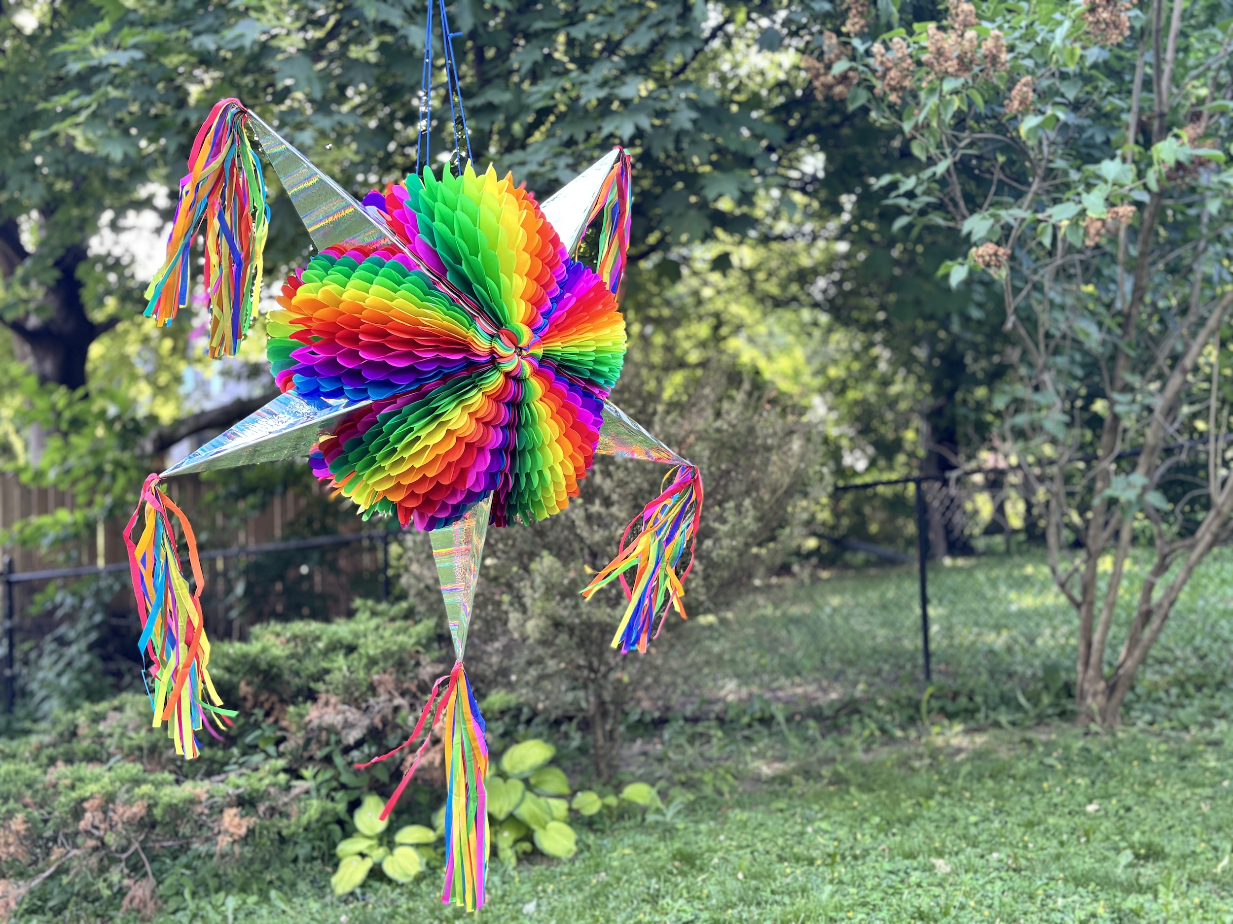 thumbnail video image 2 of Jumbo Pinata with Silver Cones (33") – Rainbow Pinata - 25 Ft Rope Included - Mexican Star Pinata by TexMex Fun, 2 of 10