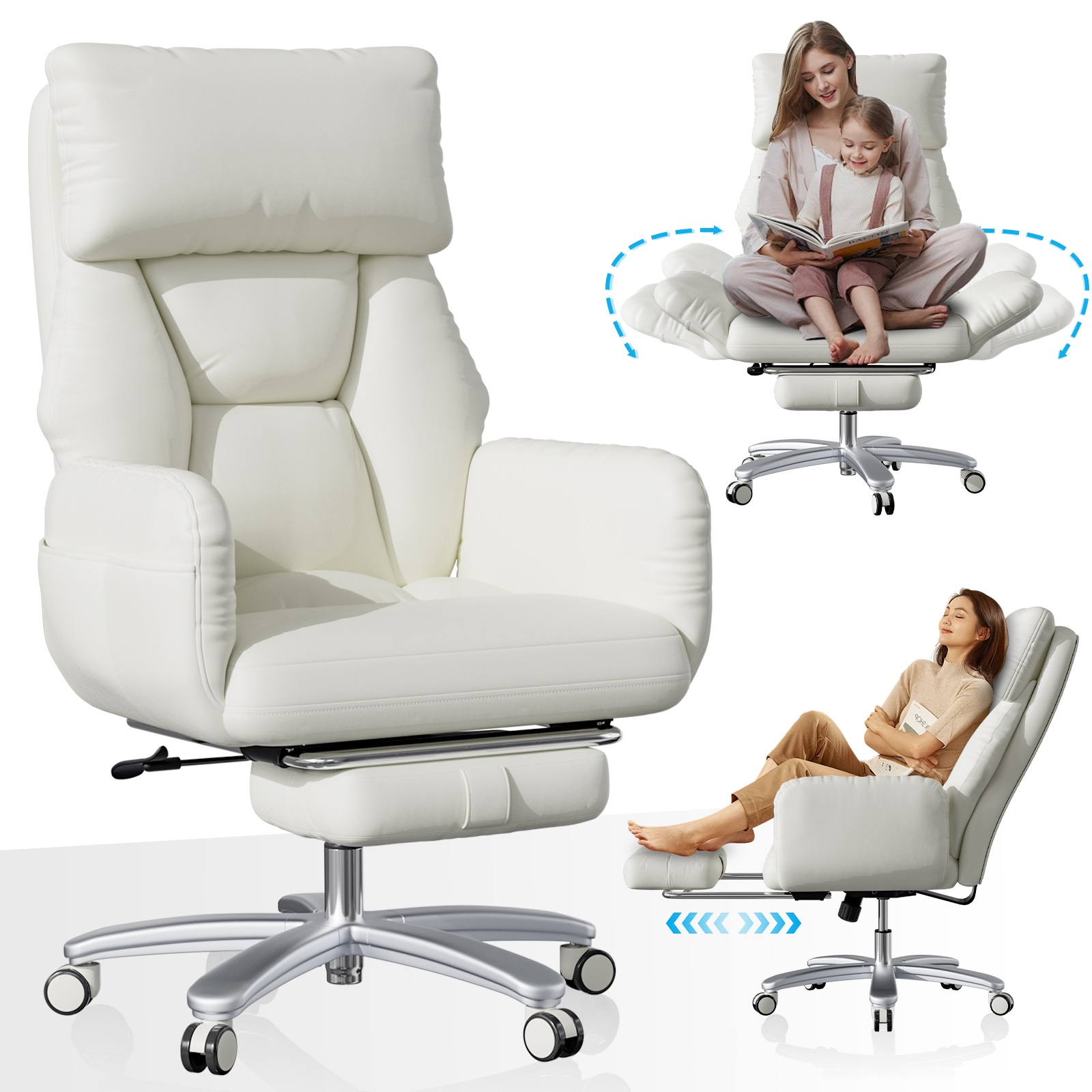 thumbnail video image 2 of Ninecer 500 lbs Big and Tall Office Chair Extra Wide, Executive Office Chair with Folding Arms and Footrest, Heavy-duty Desk Chair for Adults in Home and Office, White, 2 of 9