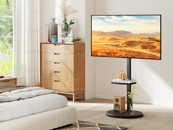 thumbnail video image 2 of RTVR Mobile Floor TV Stand with Round Wooden Base for 32-65 inch Screens, Portable Swivel Tilt Adjustable TV Cart, Black, 2 of 10