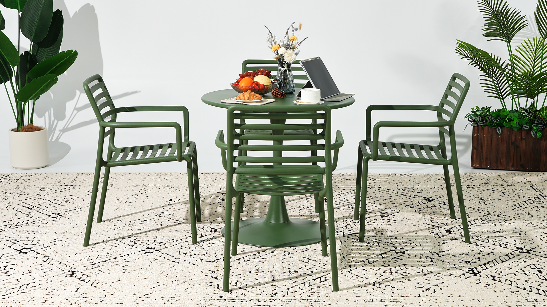 thumbnail video image 2 of WestinTrends Playa 5-Piece Indoor Outdoor Metal Patio Dining Table Set With Stackable Plastic Patio Arm Chairs, White, 2 of 15