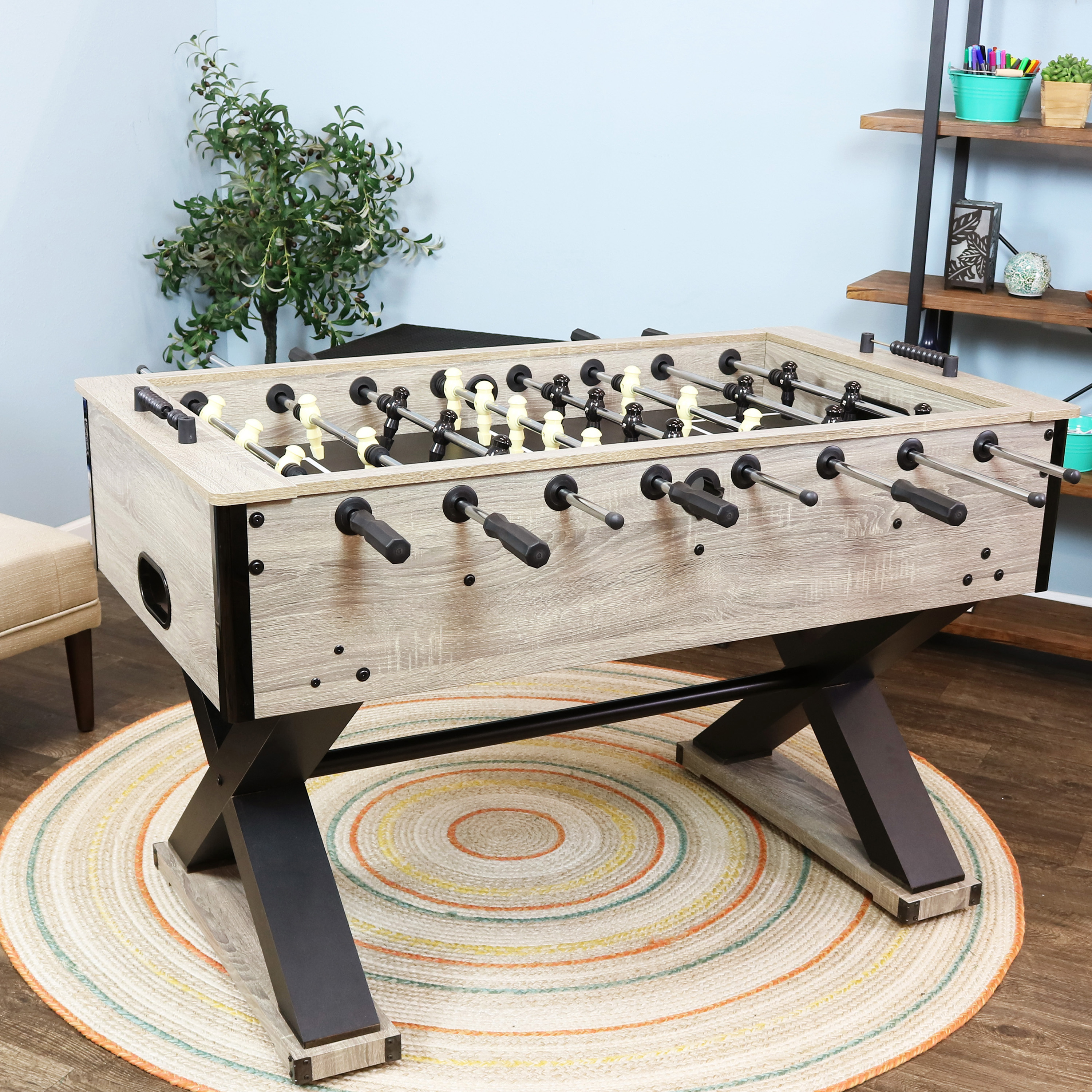 thumbnail video image 2 of Sunnydaze Delano 2-Player Indoor Foosball Table, Gray Distressed Wood Look, 2 of 13