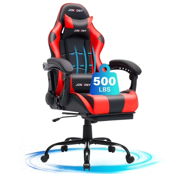 thumbnail video image 2 of JONPONY Big and Tall 500LBS Gaming Chair, Ergonomic Design, Gamer Chair PU Leather with Footrest and Lumbar Support, High Back Office Chair Support, Long Sitting Computer Chair, Red, 2 of 9
