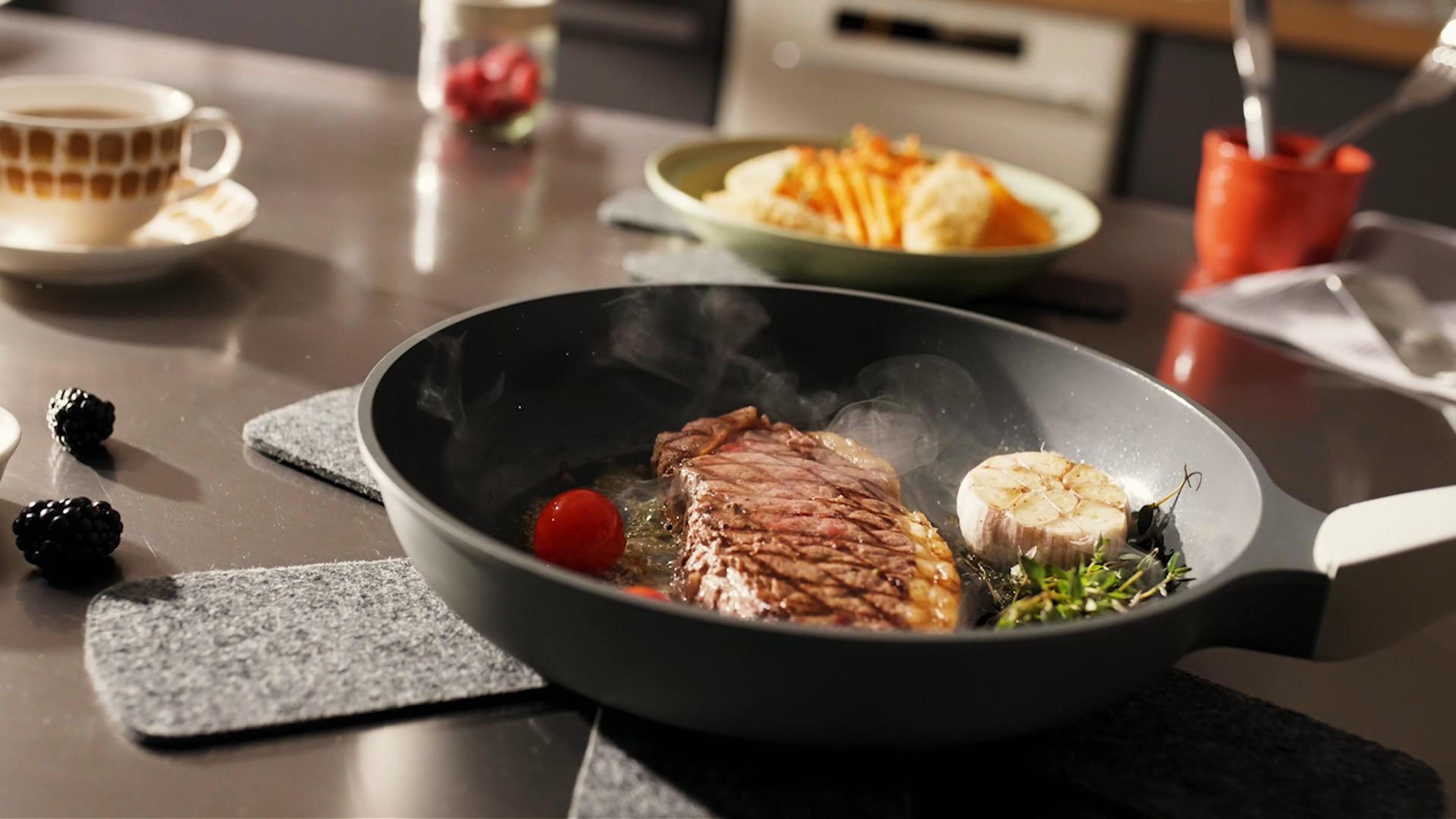 thumbnail video image 2 of PRICUSIS 8 inch Nonstick Ceramic Frying Pan, Non Toxic Skillet, Induction Compatible & Oven Safe, Dishwasher Safe, Egg & Omelet & Chef's Pan, Blue Gray, 2 of 8