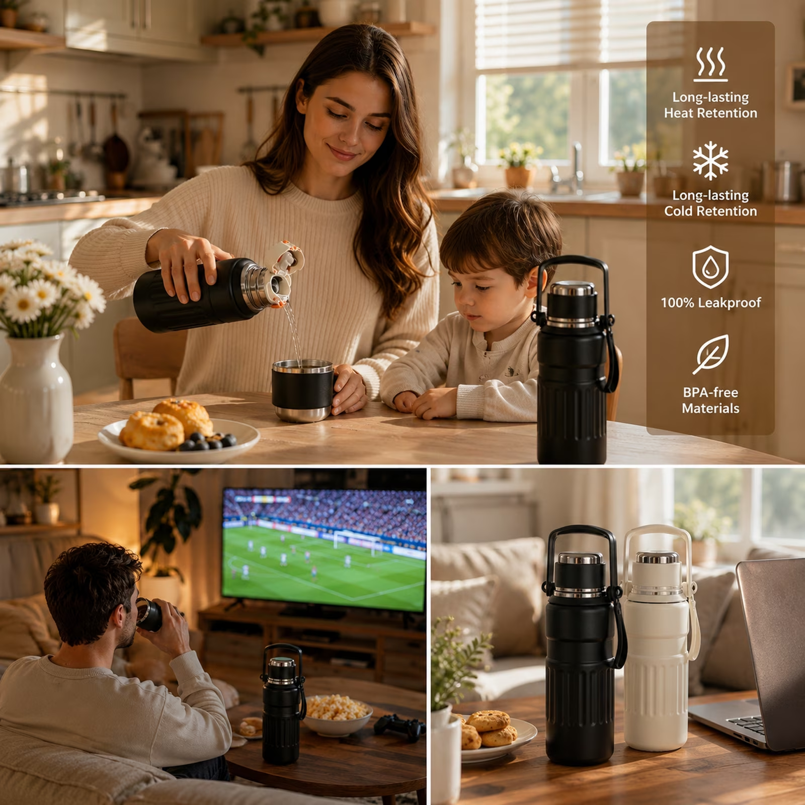 thumbnail video image 2 of 3-in-1 Insulated Water Bottle, 34oz Leakproof Stainless Steel Thermos with Straw & Spout Lid, 316 Stainless Steel Interior(Beige), Handle & Adjustable Strap for Work, Gym, Travel & Hot or Cold Drinks, 2 of 12