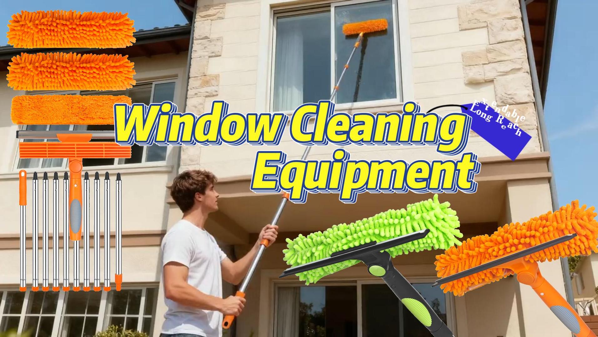 thumbnail video image 2 of 13.8ft Extra Long Chenille Glass Cleaner with 10 Stainless Steel Rods & Squeegee, 2 in 1 Cleaning Squeegee Kit for Window,Car,Shower Glass Door,Mirror,Indoor & Outdoor, 2 of 8