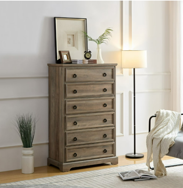 thumbnail video image 2 of 6 Drawer Dresser, Farmhouse Dresser, Nightstand Chest of Drawer for Bedroom, Wood Storage Chest of Drawers Storage Cabinet for Living Room, Hallway,Entryway, 2 of 9