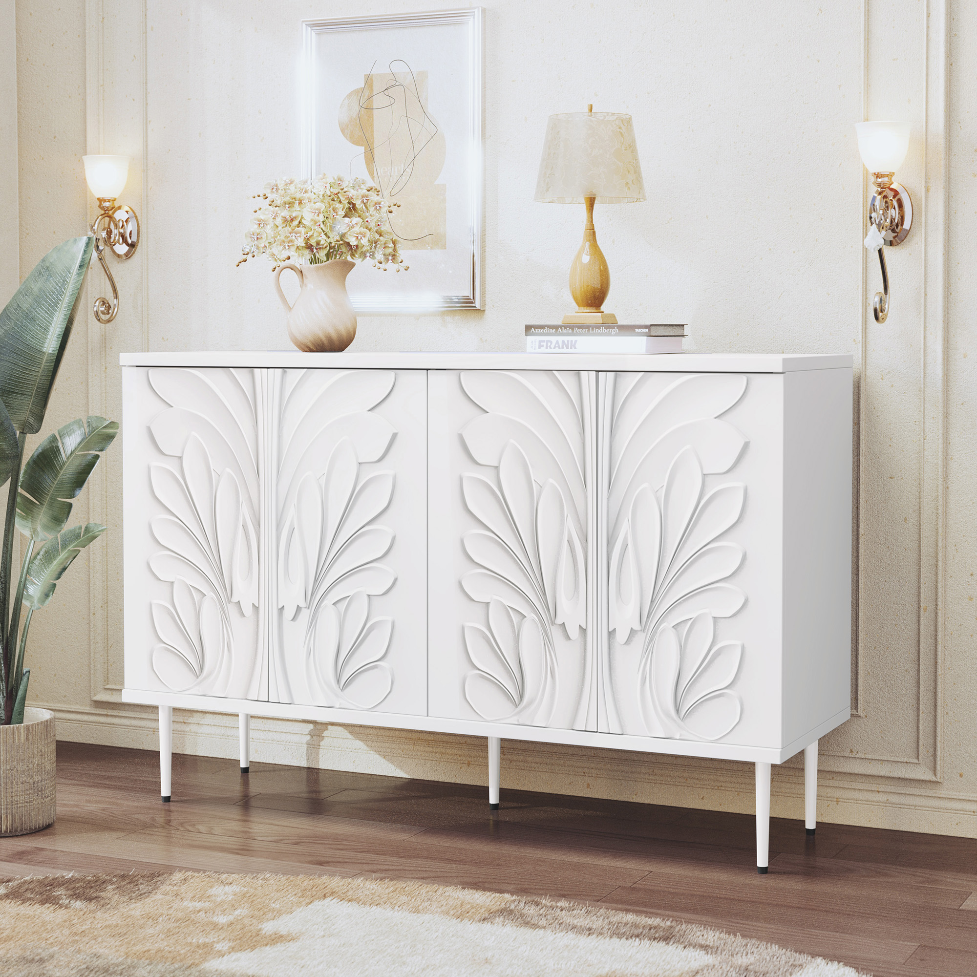 thumbnail video image 2 of HLR 47.24"W Modern 4-Door Credenza with 3D Floral Doors & Shelves, Storage Sideboard for Dining Room, Kitchen Pink, 2 of 10