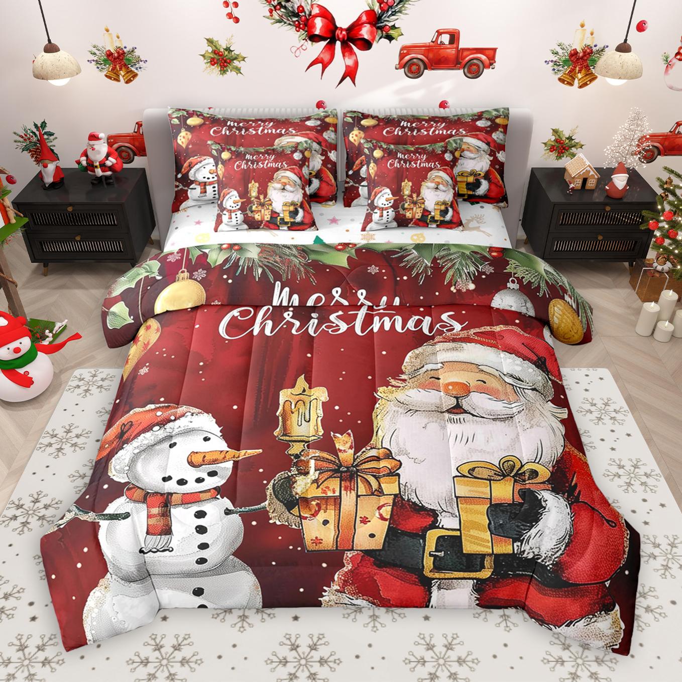 thumbnail video image 2 of Manfei Lovely Santa Claus 7pcs Bedding Comforter Set,Christmas Gifts Candy Cane Queen Bedding Sets,Pink Blue Pink Queen Sheet Sets For Girls Boys,Bedroom Decor Reversible, 2 of 9