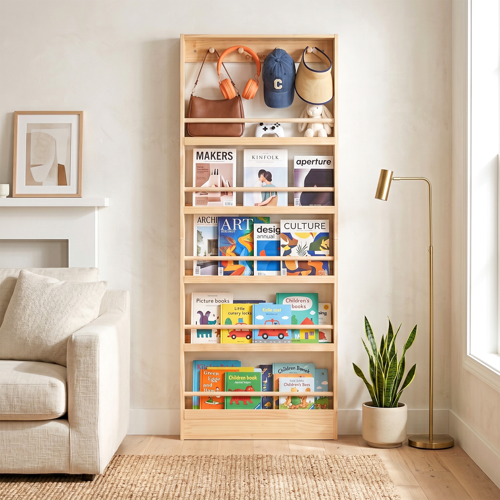 thumbnail video image 2 of Sweet Time Behind Door Bookshelf, 5-Tier Wooden Kids Bookcases with Hooks, Behind The Door Storage Organizer Space-Saving Wall Mount Narrow Book Shelf, 2 of 10