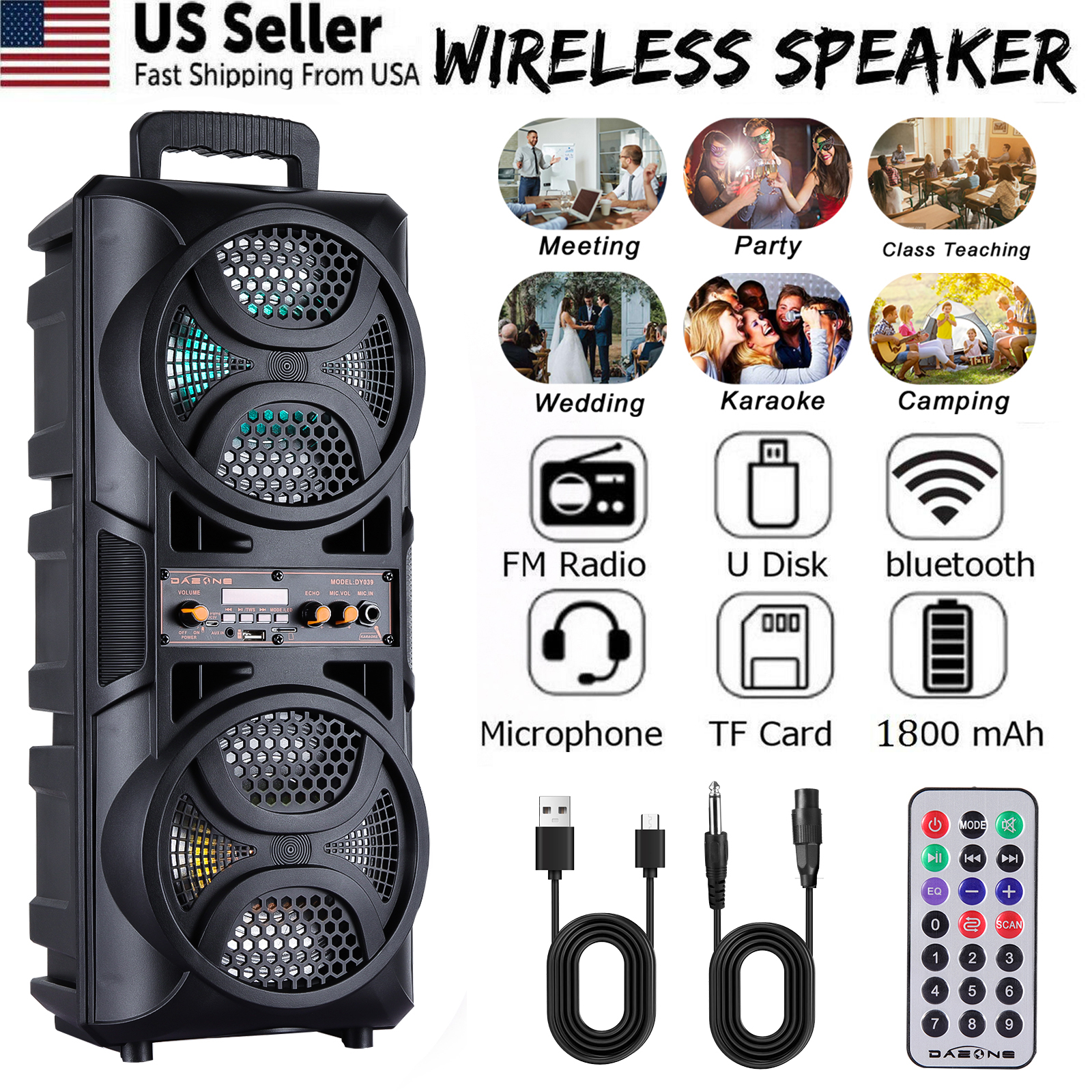 thumbnail video image 2 of RIDWIND 3000W Peak Power Wireless TWS Portable Loud Party Bluetooth Speaker with Dual 6.5" Woofer LED Colorful Lights Microphone Remote Control Support FM/TF/USB/AUX, 2 of 10