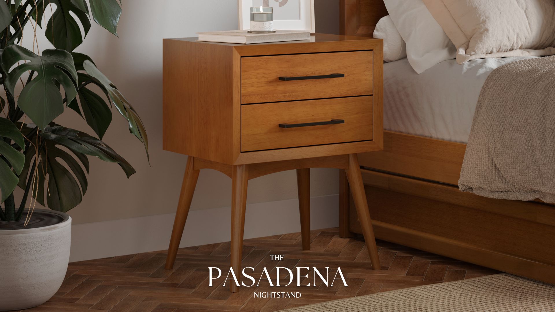 thumbnail video image 2 of AFI Pasadena Solid Wood Mid-Century Modern Nightstand with 2 Drawers, White, 2 of 10