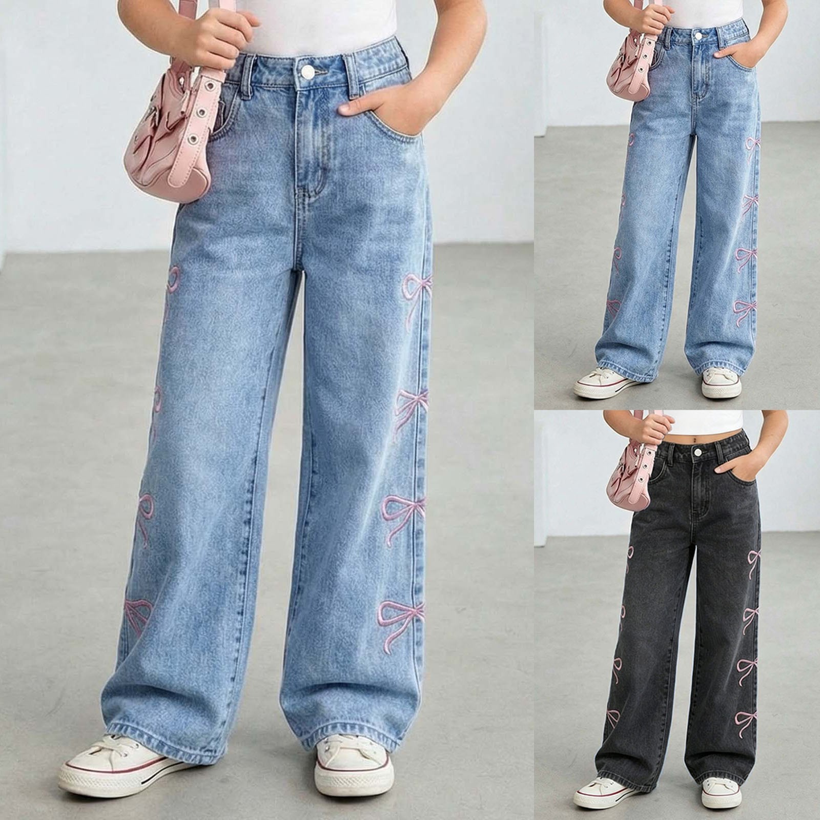 thumbnail video image 2 of Girl's Casual Jeans Stretch Elastic Waist Distressed Denim Wide Leg Pants Toddler Kids Cute Jeans for Girls Size 10-11 Years, JN1-Grey, 2 of 7