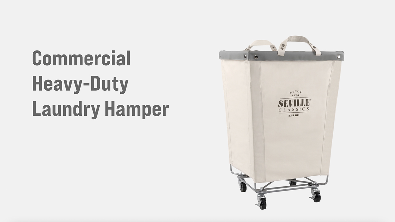 thumbnail video image 2 of Seville Classics Large Commercial Heavy Duty Rolling Steel Frame Laundry Hamper Canvas Cart Bin, w/ Wheels for Hotel, Home, Closet, Bedroom (PATENTED), Cream, 18.1" D x 18.1" W, 2 of 12