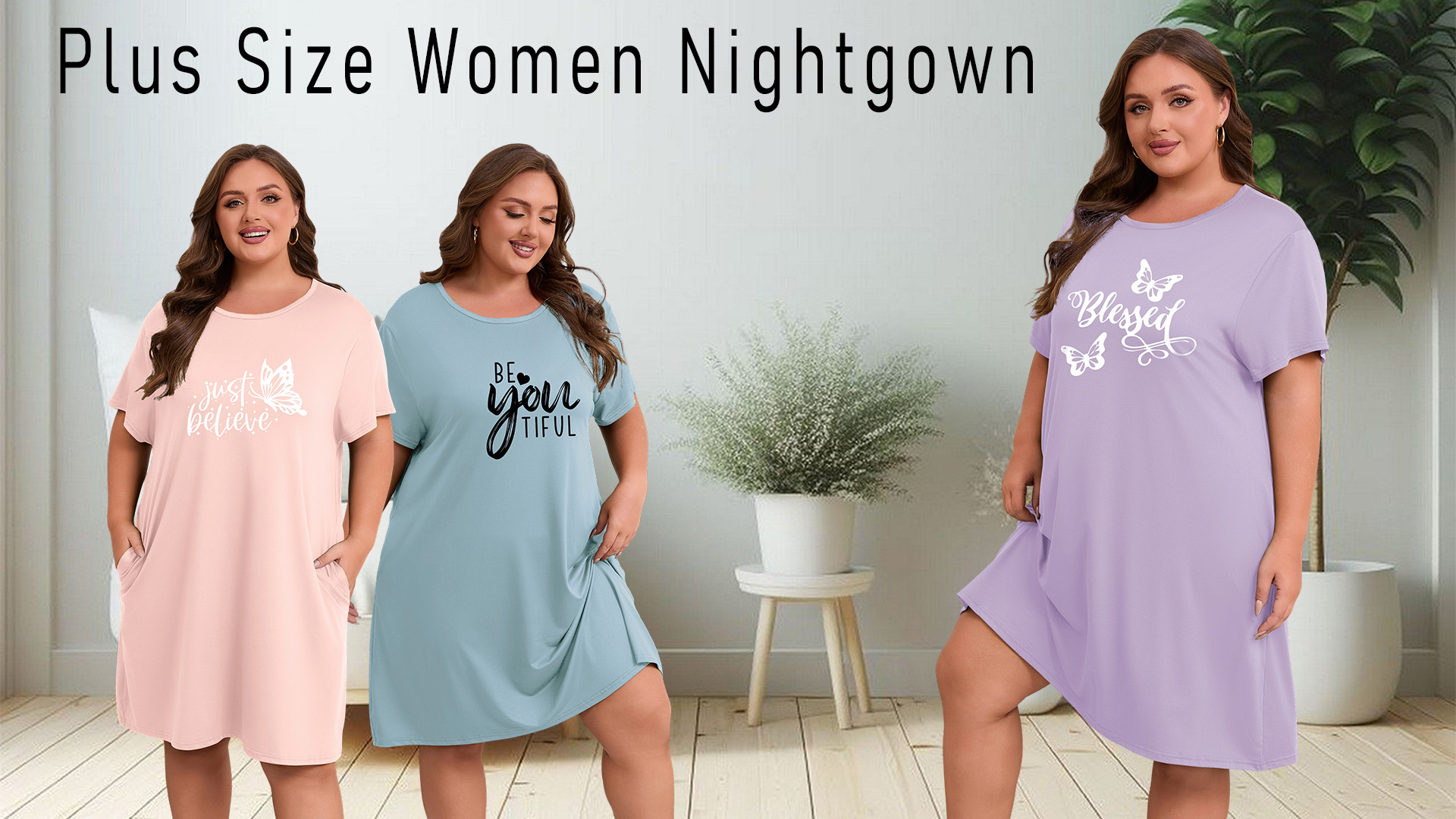 thumbnail video image 2 of FEREMO Plus Size Nightgowns for Women Short Sleeve Sleepshirt Knee Length Sleepwear with Pockets, 2 of 7