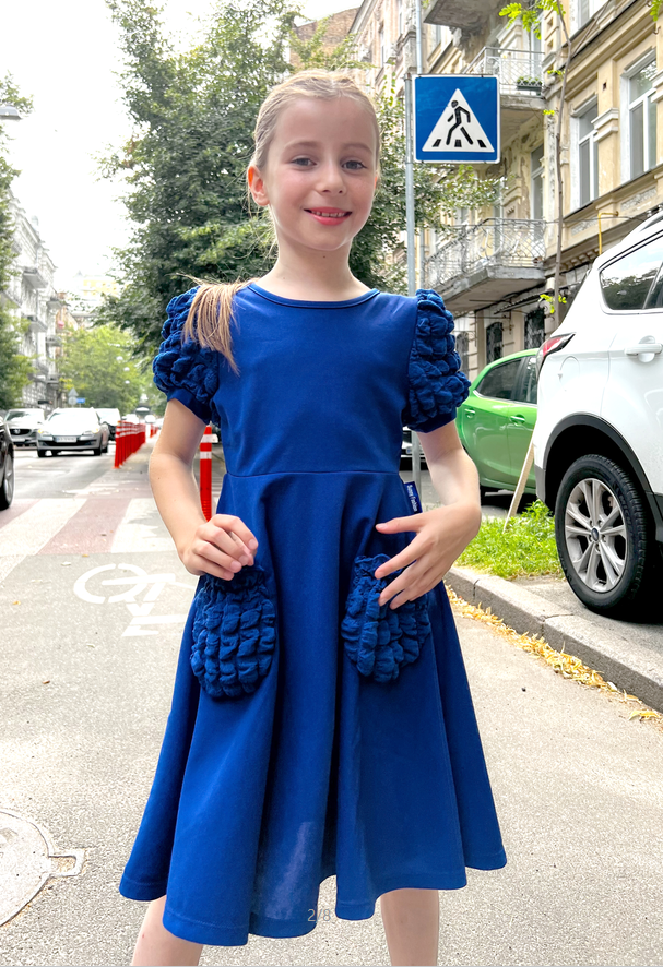 thumbnail video image 2 of Girls Dress Deep Blue Solid Color Ruffle Puff Sleeve 3D Pocket Party 8 Years, 2 of 8