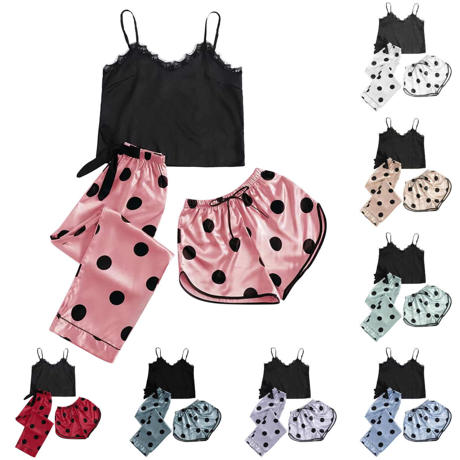 thumbnail video image 2 of Uooqdmx Lounge Sets for Women Womens Pajama Sets Print Sleepwear Up Three Sleeveless Shorts Set Underwear Sleepwear Suit Pajamas Pajama Set for Women Green S, 2 of 7