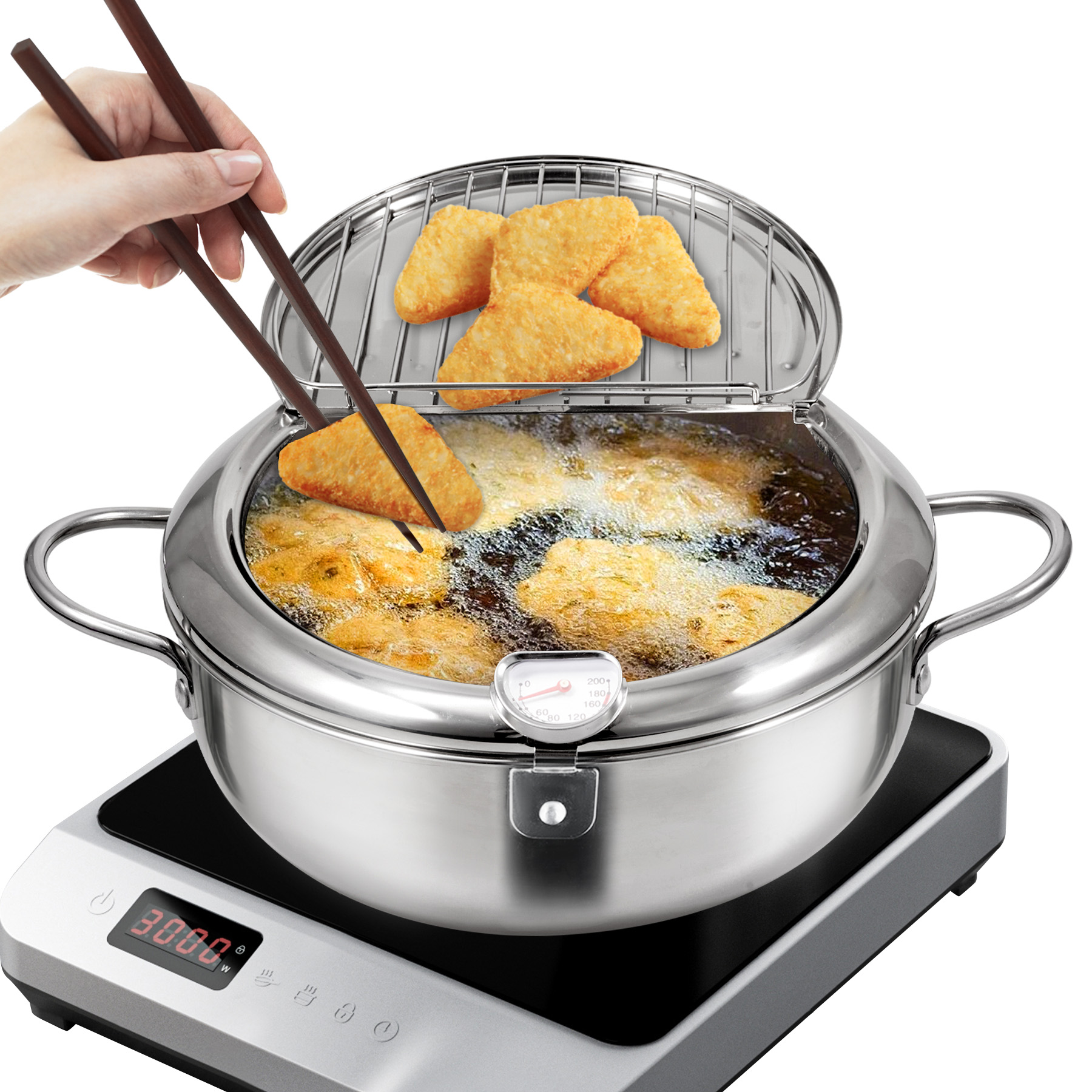 Hawsaiy Deep Fryer Pot 11 Janpanese Style Tempura Frying Pot with Lid 304 Stainless Steel with Temperature Control and Oil Drip Rack