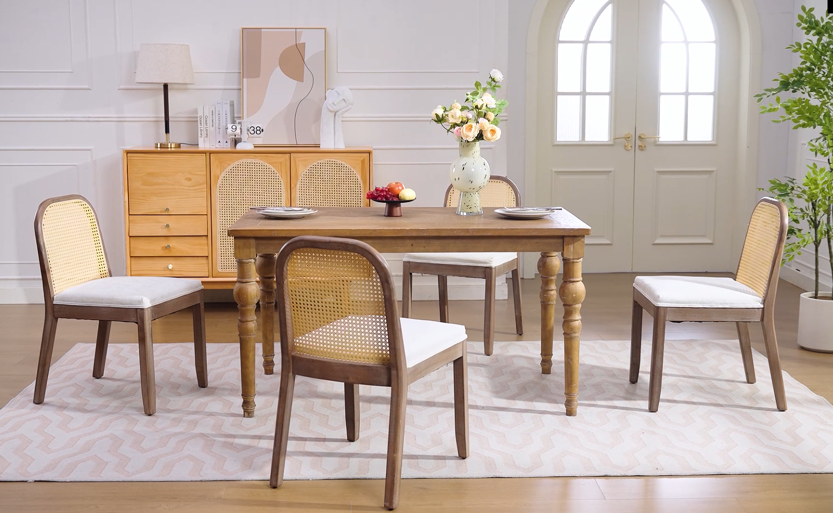 thumbnail video image 2 of QuzyAor Rattan Dining Chairs Set of 2, Mid Century Modern Cane Back Kitchen Chairs, Upholstered Beige Chenille Side Chair for Dining Room Bistro, 2 of 11