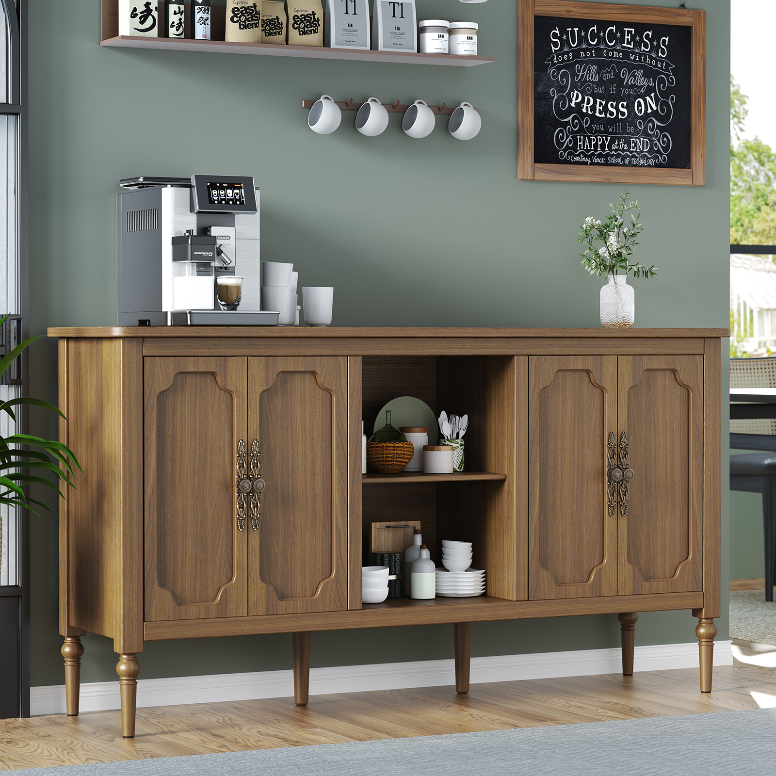 thumbnail video image 2 of HLR 59" Mid Century Modern Sideboard Buffet Cabinet with 4 Doors, Brown Cabinet with Shelf, Vintage Large Sid, 2 of 13