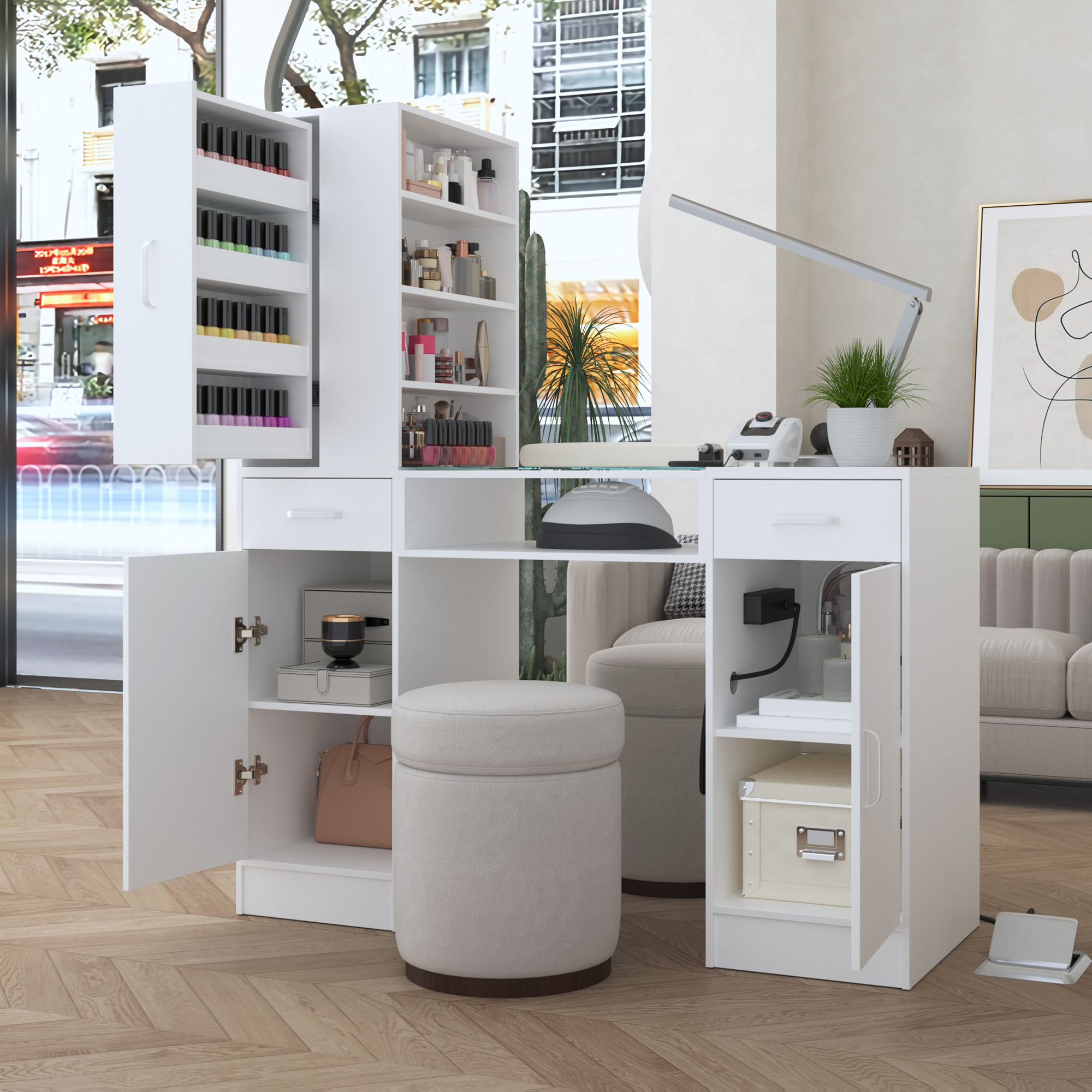 thumbnail video image 2 of NAIYUFA 47 in Manicure Table with Glass Top, Power Outlets, Storage Cabinets and Wrist Rest, White, 2 of 12