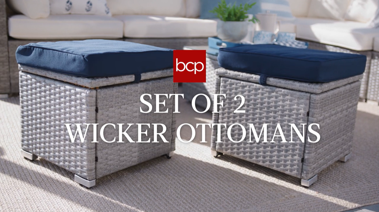 thumbnail video image 2 of Best Choice Products Set of 2 Wicker Ottomans, Multipurpose Furniture w/ Removable Cushions - Brown/Beige, 2 of 9