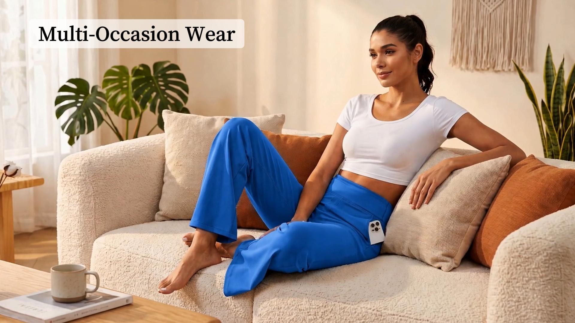 thumbnail video image 2 of NELEUS Womens 27" Wide Leg Pants Athletic Yoga Leggings Casual Sweatpants Stretch Dress with Pockets,White,US Size L, 2 of 12