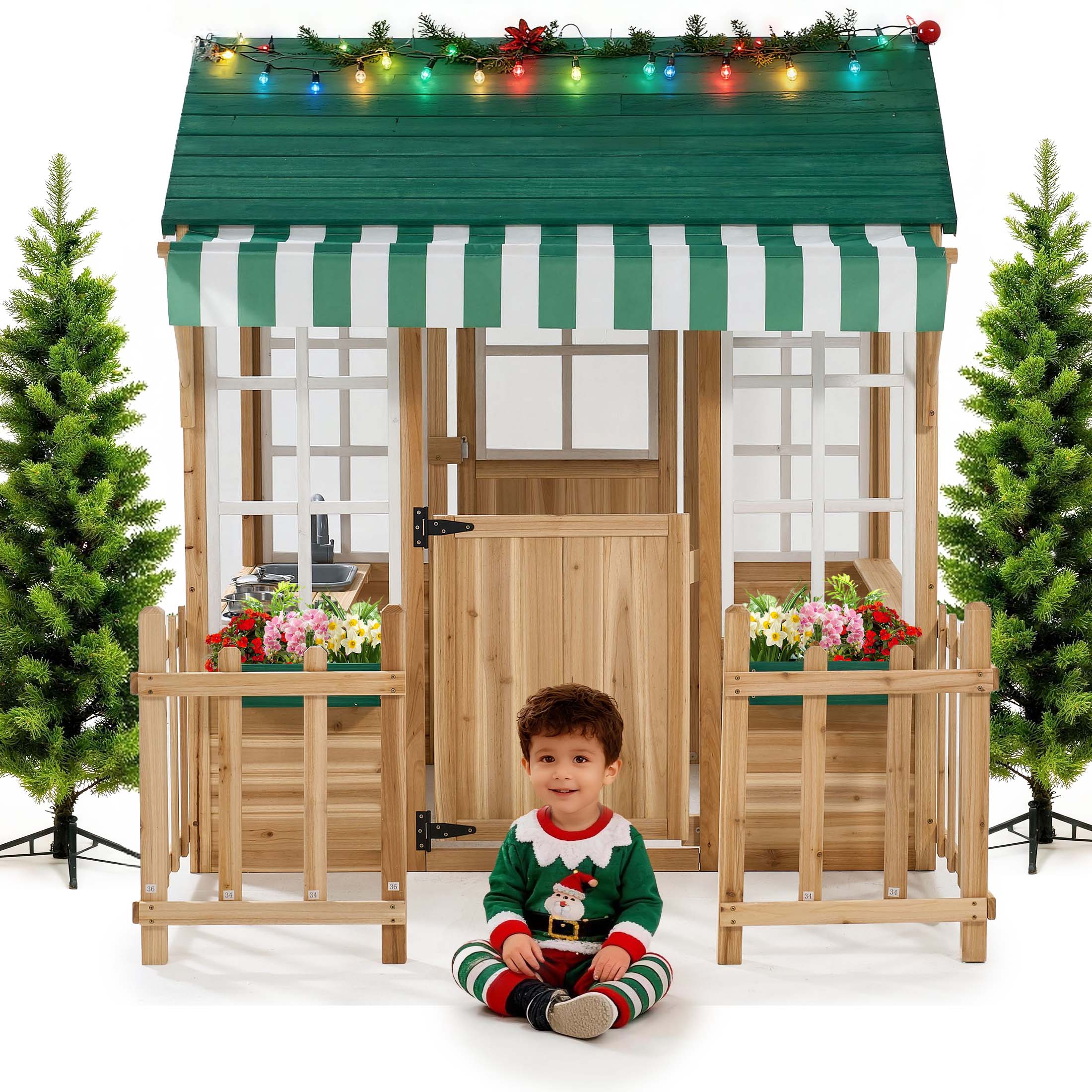 thumbnail video image 2 of COCLUB Outdoor Wooden Playhouse for Kids Ages 4-8 – Durable Playhouse with Outdoor Kitchen, Snack-Bar & Gardening Kit, Fence (49.5"x62.3"x52.8") | Casa Para Niños de Jardín, 2 of 9