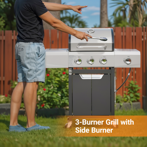 thumbnail video image 2 of Sesslife 3 Burner Propane Gas Grill, Stainless Steel BBQ Grill with Side Burner, 40500 BTU Portable Outdoor Cooking for Camping, Patio, Backyard, Black, 2 of 11