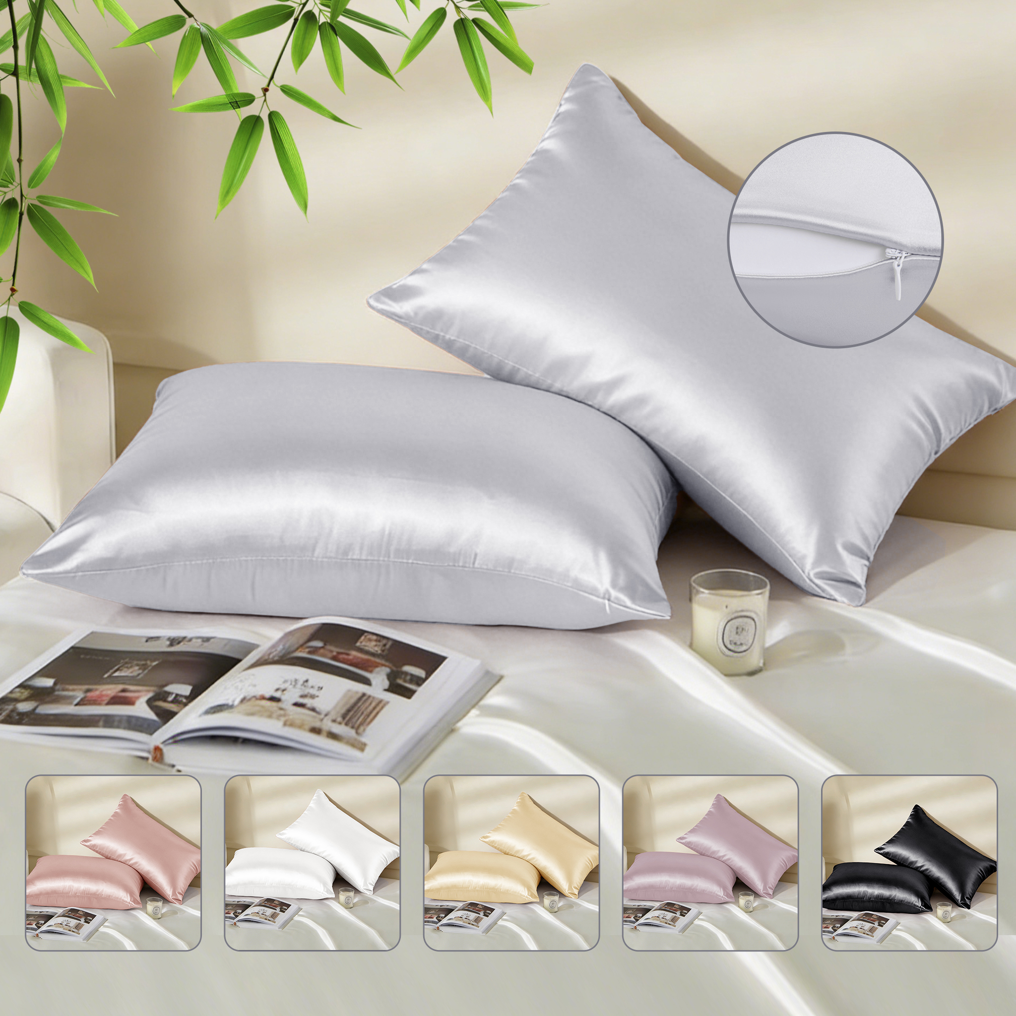 thumbnail video image 2 of Black Cooling Pillow Cases Set of 2 Derived from Bamboo, Ultra Soft and Silky Satin Pillowcase with Zipper, Standard Size Pillow Cover for Hot Sleepers, Hair & Skin Friendly, 2 of 8