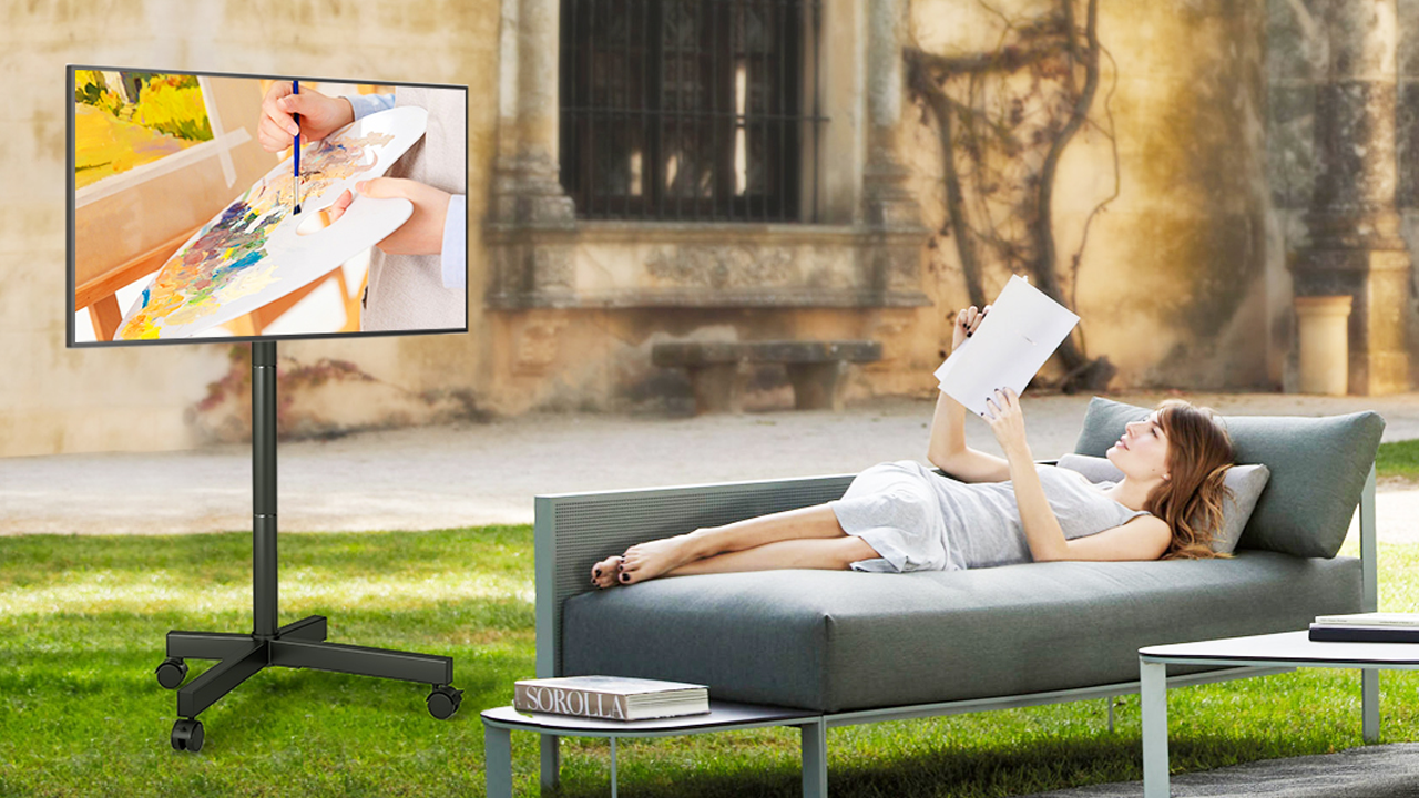 thumbnail video image 2 of RTVR Mobile Rolling TV Cart Stand on Wheels for 32-60 inch Screens, Roku TV Mount Stand Compatible with All Apple Roku Ultra, 2 of 12