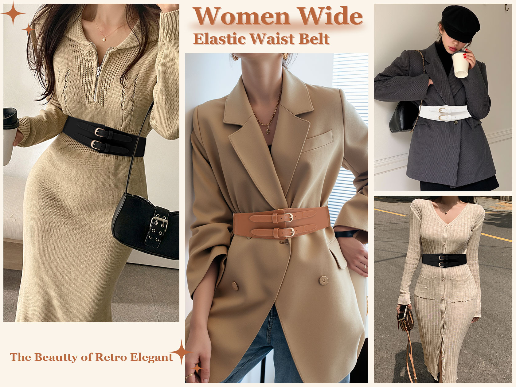thumbnail video image 2 of AWAYTR Women's Wide Elastic Leather Belt - Double-breasted Elastic Waistband - Vintage Stretchy Belts for Dresses Shirts, 2 of 8