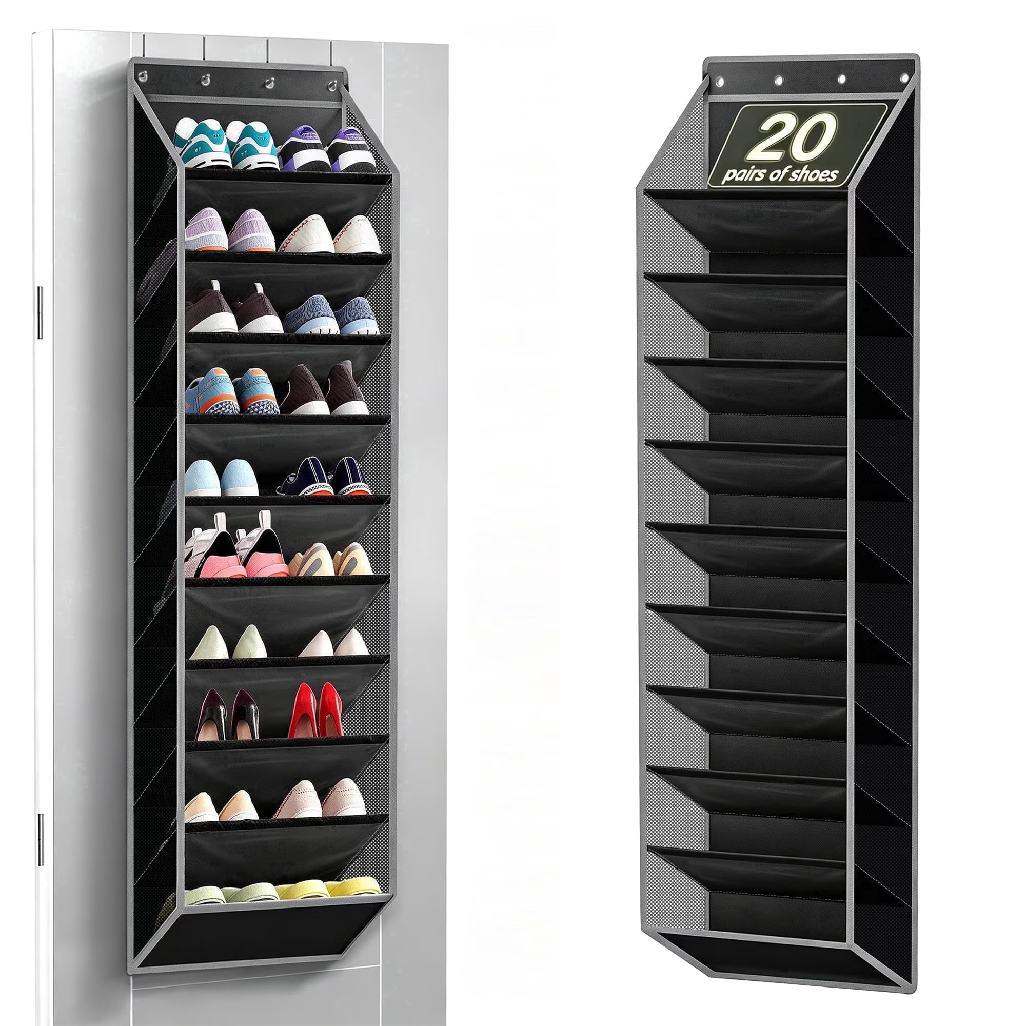 thumbnail video image 2 of OGGDUJW 10-Tier Over the Door Shoe Organizer, Hanging Shoe Rack for Closet with Deep Pockets, Holds 20+ Pairs of Sneakers, Boots & Heels, Black, 2 of 8