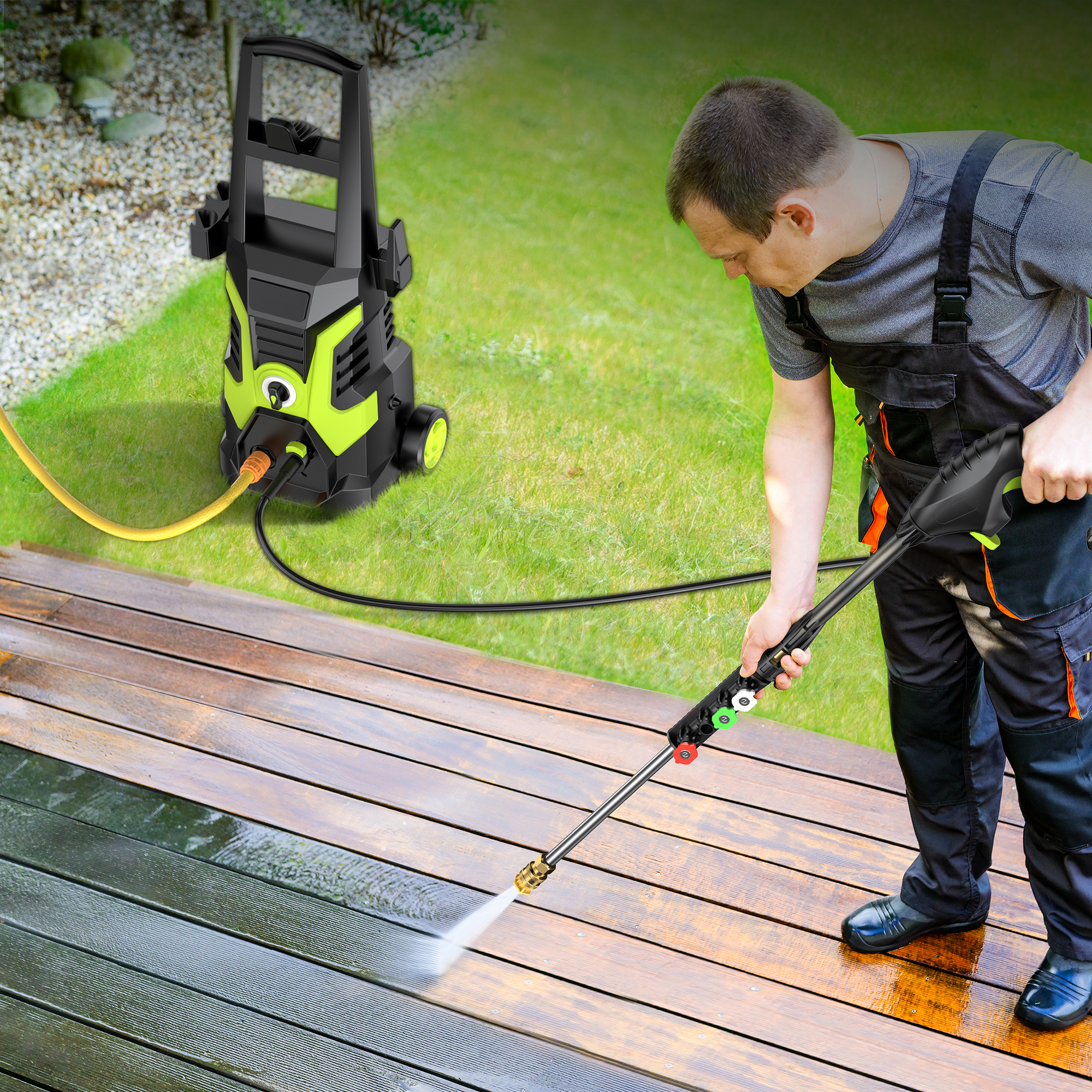 thumbnail video image 2 of YISUFO 2500 Max PSI Electric Pressure Washer, 1700W Power Washer With 5 Nozzles, Foam Cannon, 25ft Hose, High Pressure Cleaner Wash Machine for Car Patios Garden Fences - Green, 2 of 8