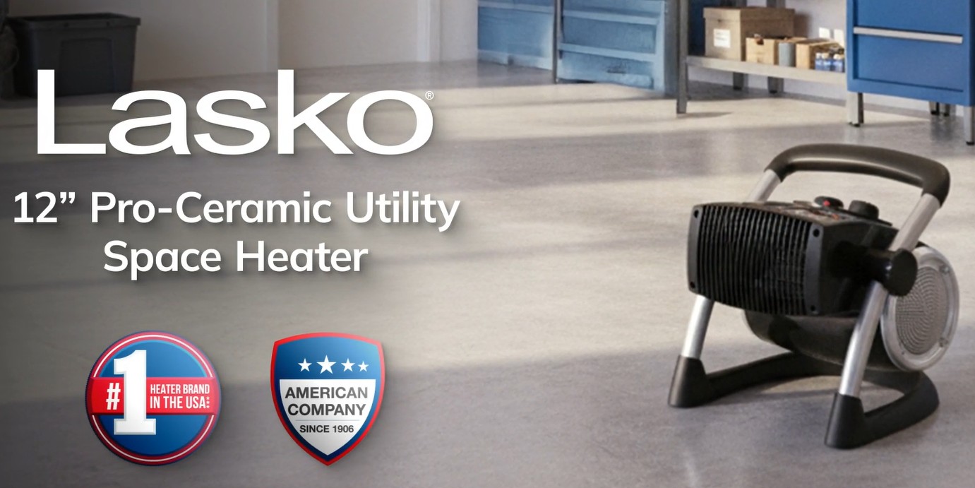 thumbnail video image 3 of Lasko 1500W Electric Pivoting Utility Ceramic Space Heater with Thermostat, 5919, Black, 3 of 12
