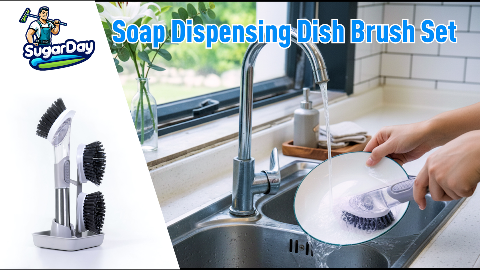 thumbnail video image 2 of SUGARDAY Soap Dispensing Dish Brush Set Kitchen Scrub Brush with Stand 3 Brush Replacement Heads, 2 of 9