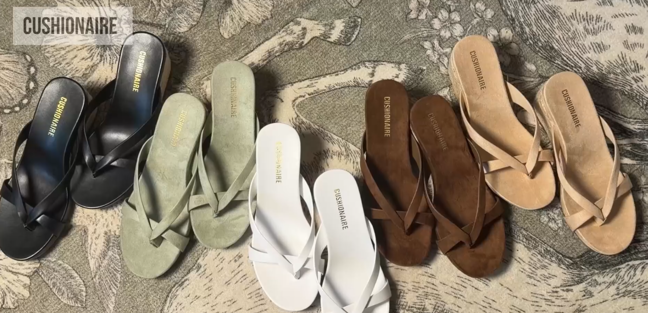 thumbnail video image 2 of Cushionaire Ferry Espadrille Wedge Sandals for Women, Thong Platform Flip Flops with Cross Strap and Slip-On Design, 2 of 24