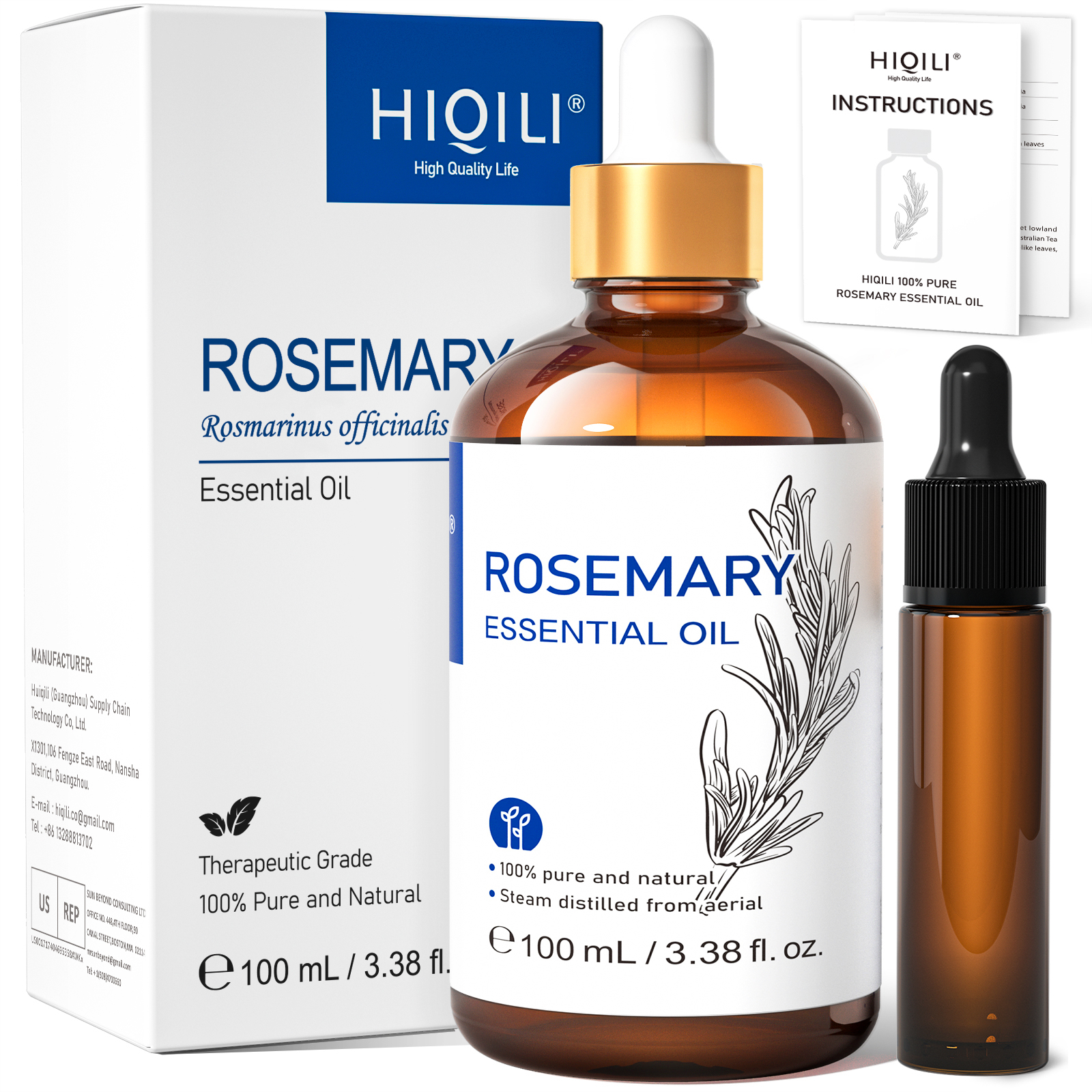 thumbnail video image 2 of HIQILI Rosemary Essential Oil, 100mL Pure Natural Oil for Hair Care, Diffuser&Body Massage, 2 of 8