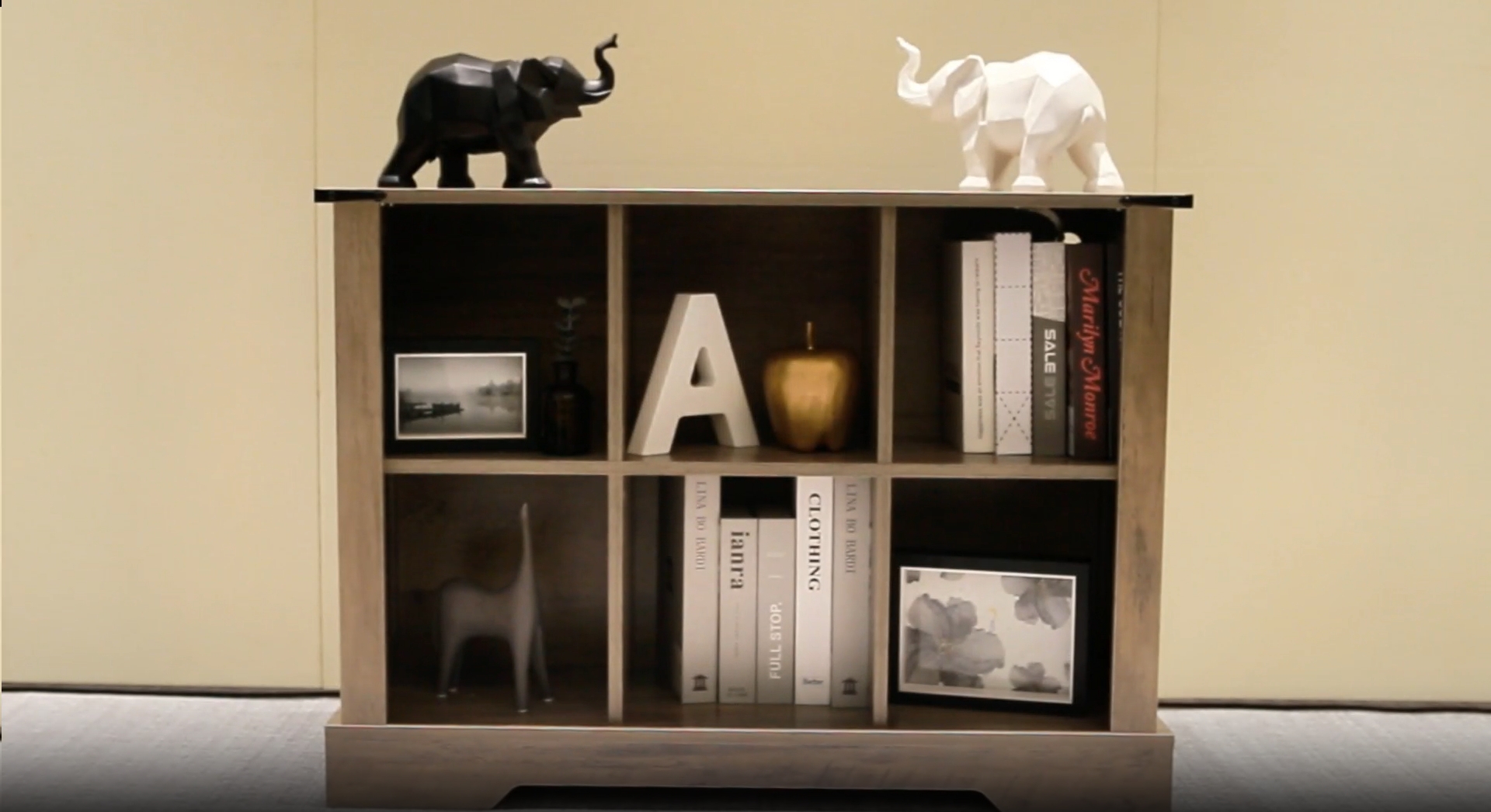 thumbnail video image 2 of 6-Cube LED Bookshelf, Mid-Century Modern Wood Storage Shelf for Bedroom, Living Room & Office, Gray, 2 of 7