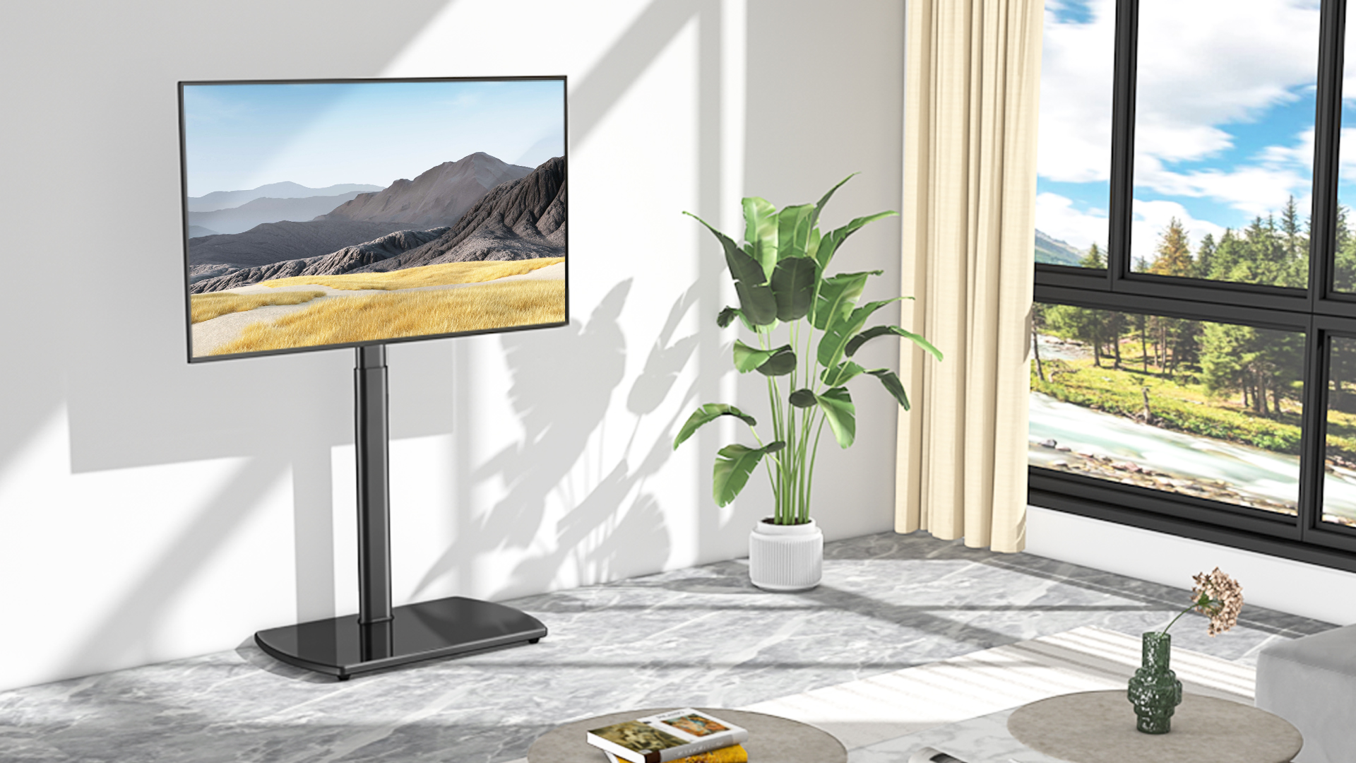 thumbnail video image 2 of RTVR Modern Floor TV Stand for 26 to 65 inch Flat Curved Screens, Black Apple TV Roku Ultra Mount for Bedroom, 2 of 8