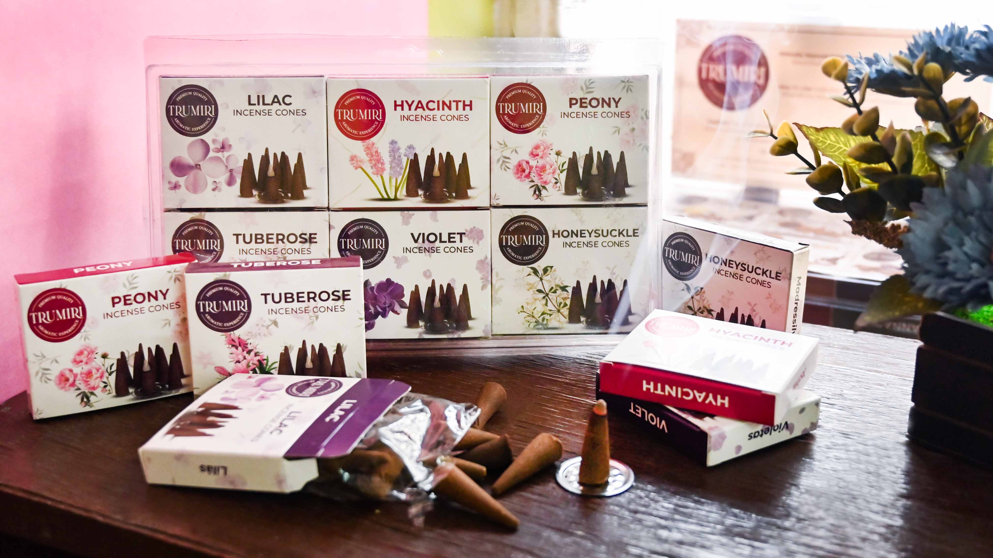 thumbnail video image 2 of Trumiri Blossom Incense Cones - Variety Pack - Total 60 Cone Incense (6 Scents x 10 Conos) - Peony, Lilac, Violet, Honeysuckle, Hyacinth, Tuberose - Cone Incense Scents - Insense Cones - Incent Cone, 2 of 6