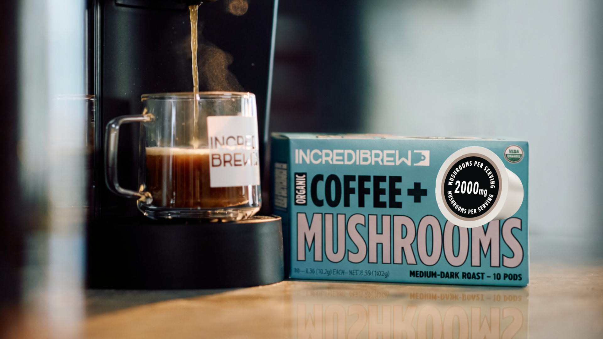 thumbnail video image 2 of Incredibrew Organic Mushroom Coffee Pods with 2,000 mgs of Mushrooms (Lion's Mane, Reishi, Chaga, Shiitake, Maitake), 10 Count Pods, 2 of 9
