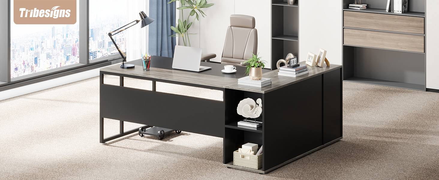 thumbnail video image 2 of Tribesigns 71 inch Executive Desk, L Shaped Desk with Cabinet Storage, Executive Office Desk with Shelves, 2 of 10