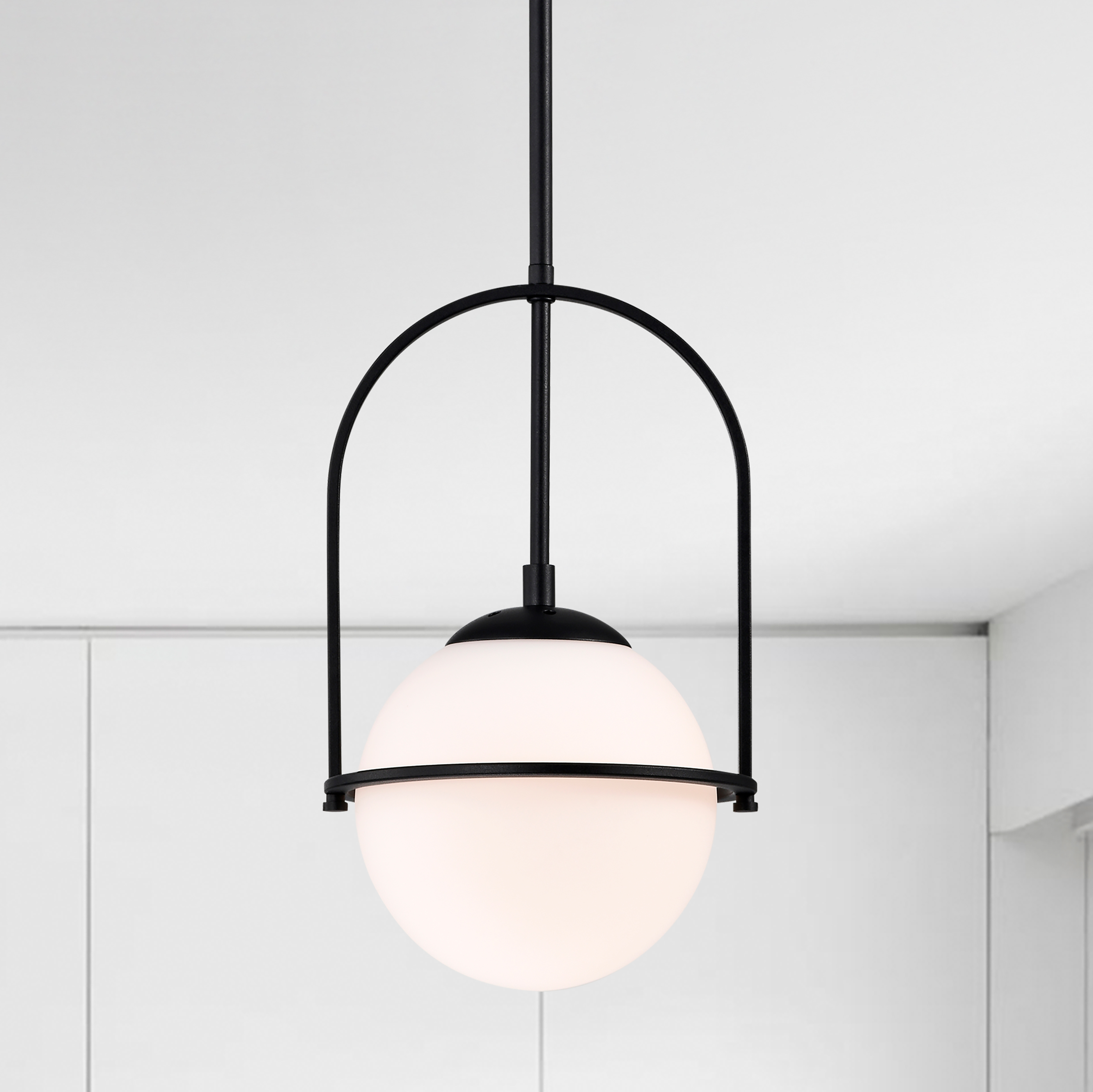 thumbnail video image 2 of Black Modern Pendant Light Fixtures Mid Century Pendant Lighting 7.1 '' Opal Glass Globe Pendant Lighting For Kitchen Island Hallway Entryway Closet Bedroom Laundry, 2 of 8