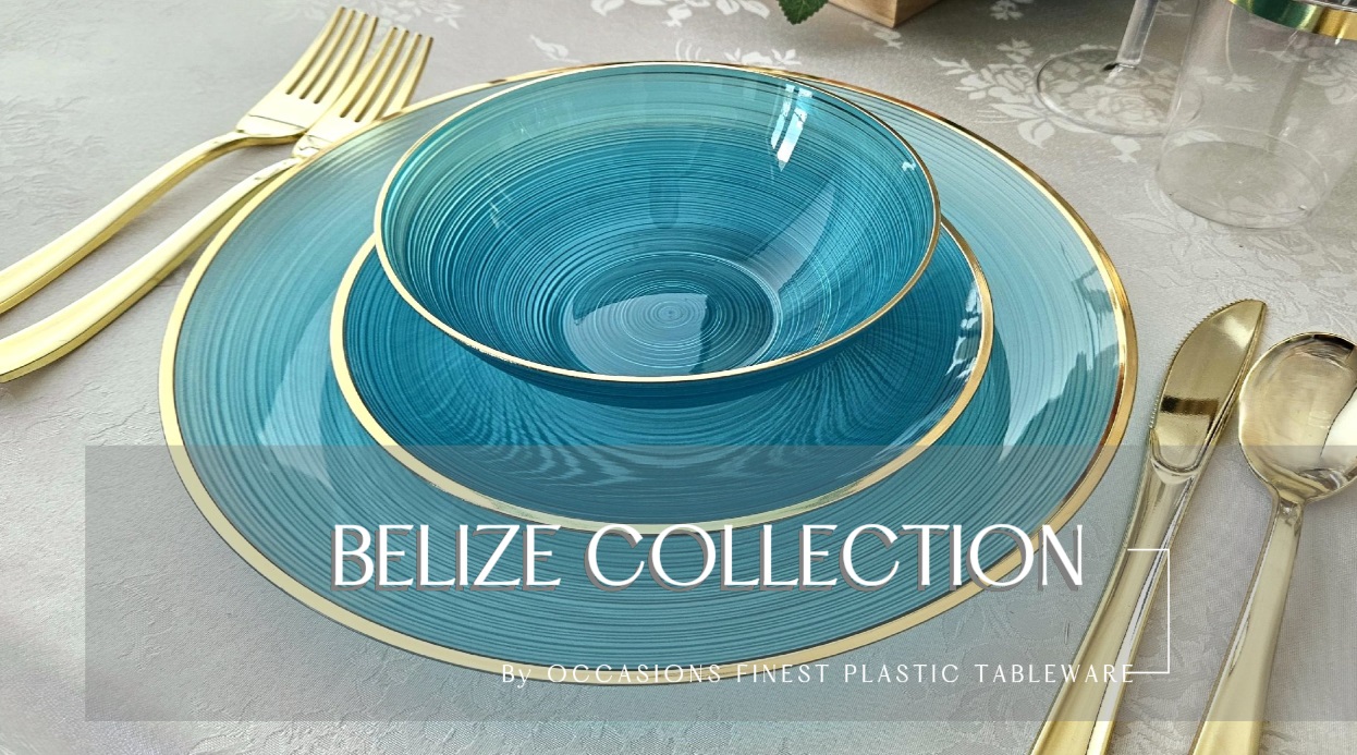 thumbnail video image 2 of " OCCASIONS " 960pcs set (120 Guests)-Wedding Party Disposable Plastic Plate Set -120 x 10'' + 120 x 7'' + Silverware + Cups + Napkins (Belize in Aqua & Gold), 2 of 6