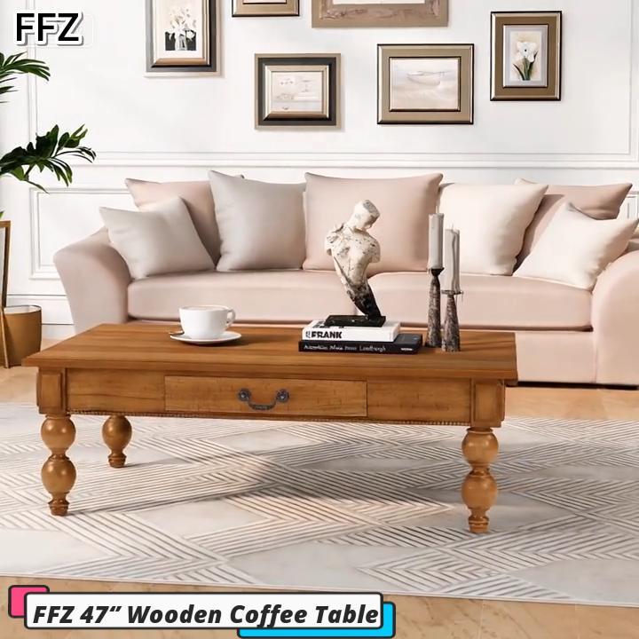 thumbnail video image 2 of FFZ Rectangular Coffee Table with Storage Drawer and Gourd-Shaped Legs, 47 x 26.8 x 16 inch, Natural, 2 of 15