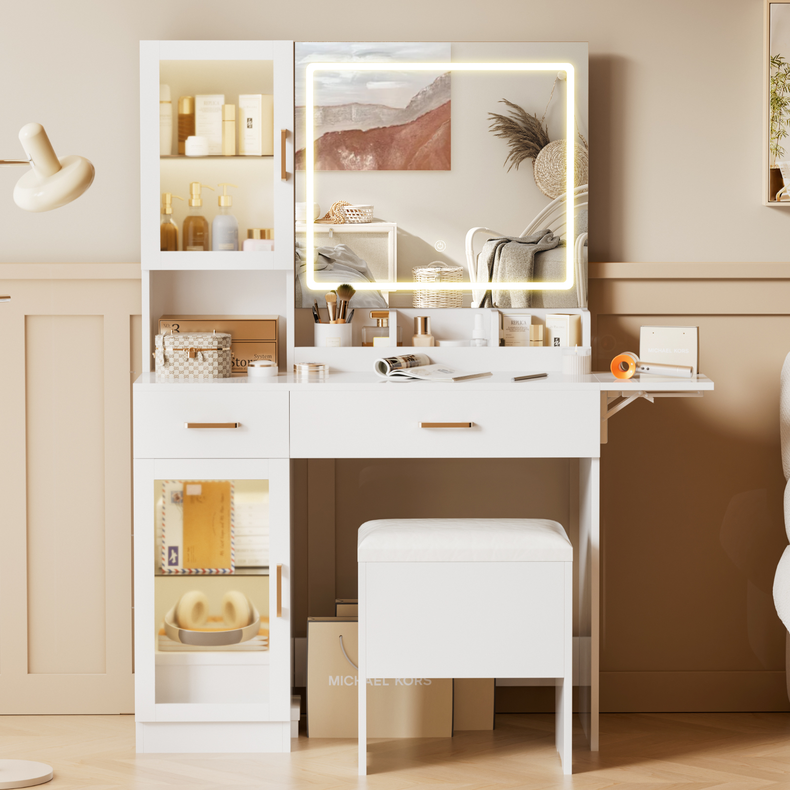 thumbnail video image 2 of Esmlada Vanity with Mirror and Lights, Makeup Vanity Table with Charging Station, Makeup Table Set with RGB Cabinets and 3 LED Light Modes White, 2 of 8