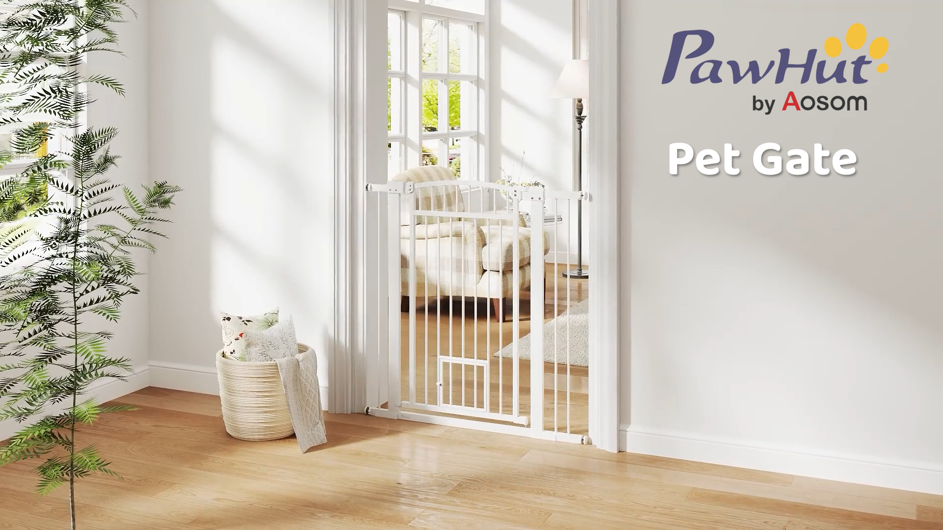 thumbnail video image 2 of PawHut Dog Gate, 30"-41" Extra Wide Walk Through Pet Gate w/ Cat Door, 3-Inch & 5.5-Inch Extension Kits, Pressure Mounted, 42" High, 2 of 10