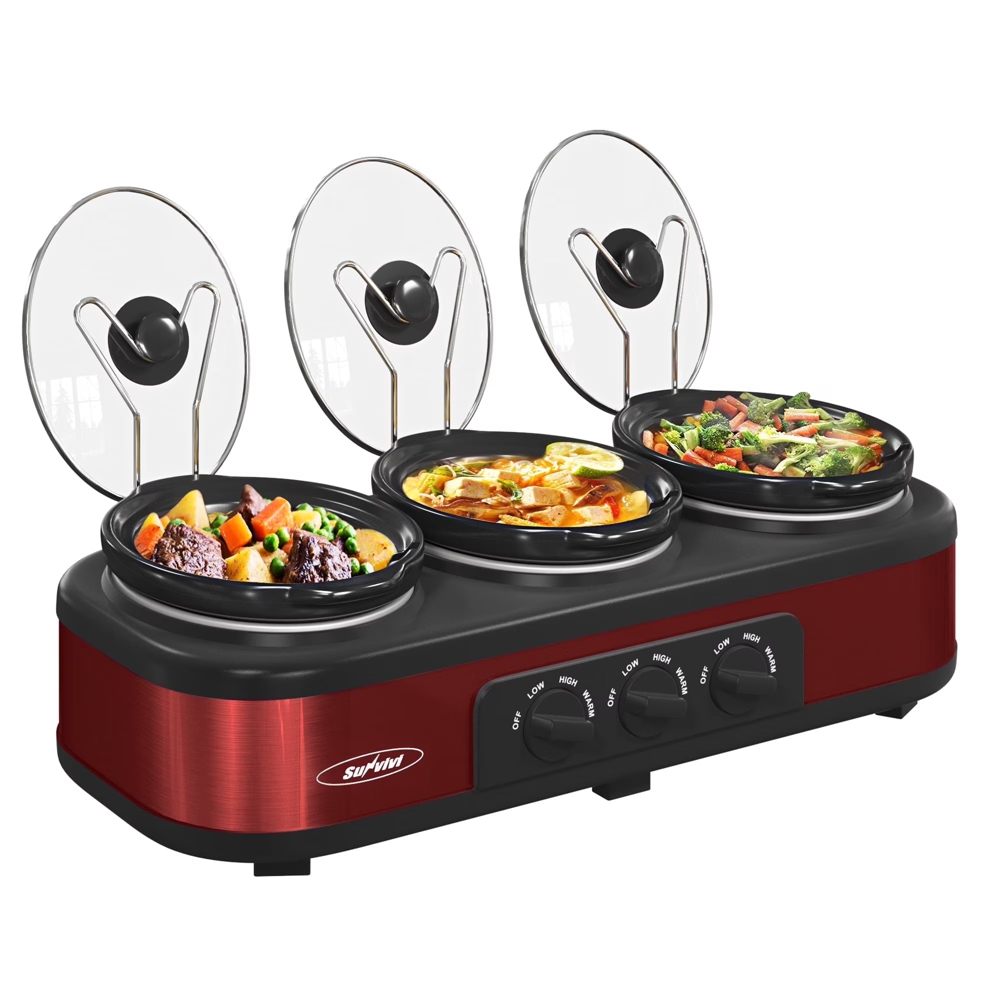 thumbnail video image 2 of Sunvivi Triple Slow Cooker,3 Pot Food Small Mini Manual Slow Cooker with Adjustable Temp ,Removable Ceramic Pot,4.5 QT Red, 2 of 10