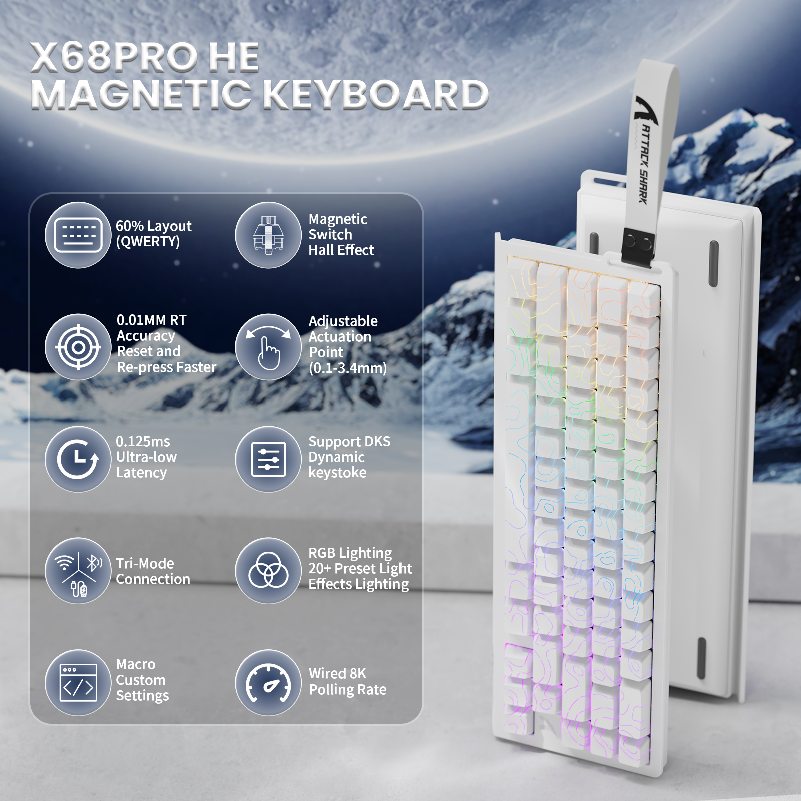 thumbnail video image 2 of ATTACK SHARK X68 PRO HE 60% Tri-Mode RGB Gaming Keyboard, Rapid Trigger, Hall Effect Magnetic Switch, 8K Polling, Black Contours, 2 of 10