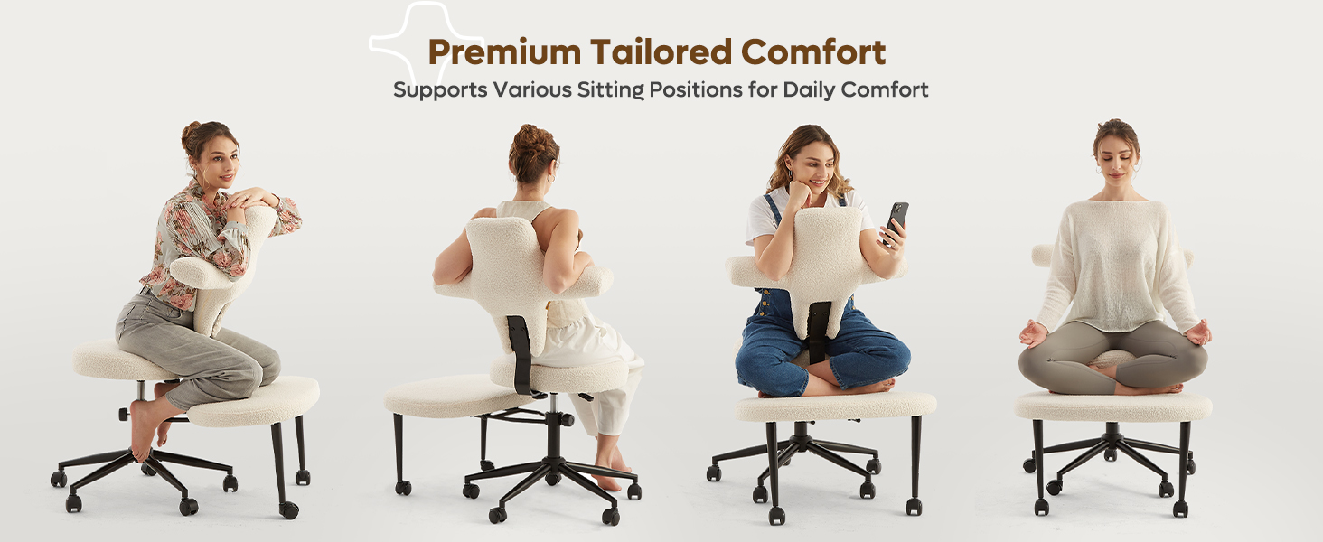 thumbnail video image 2 of Pinmoco Ergonomic Cross Legged Office Chair, Wide Teddy Fabric Criss Cross Desk Swivel Seating for Home, White, 2 of 12
